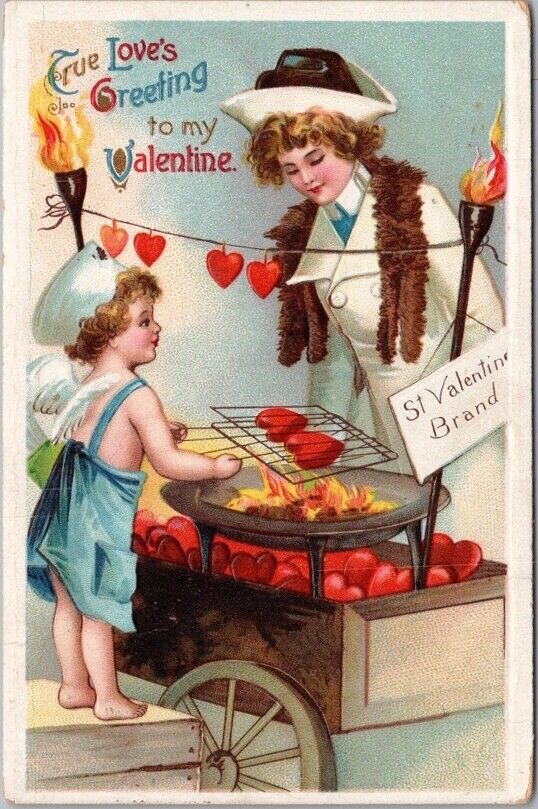 Vintage 1912 VALENTINE'S DAY Postcard Cupid Street Food Vendor w/ Roasted Hearts