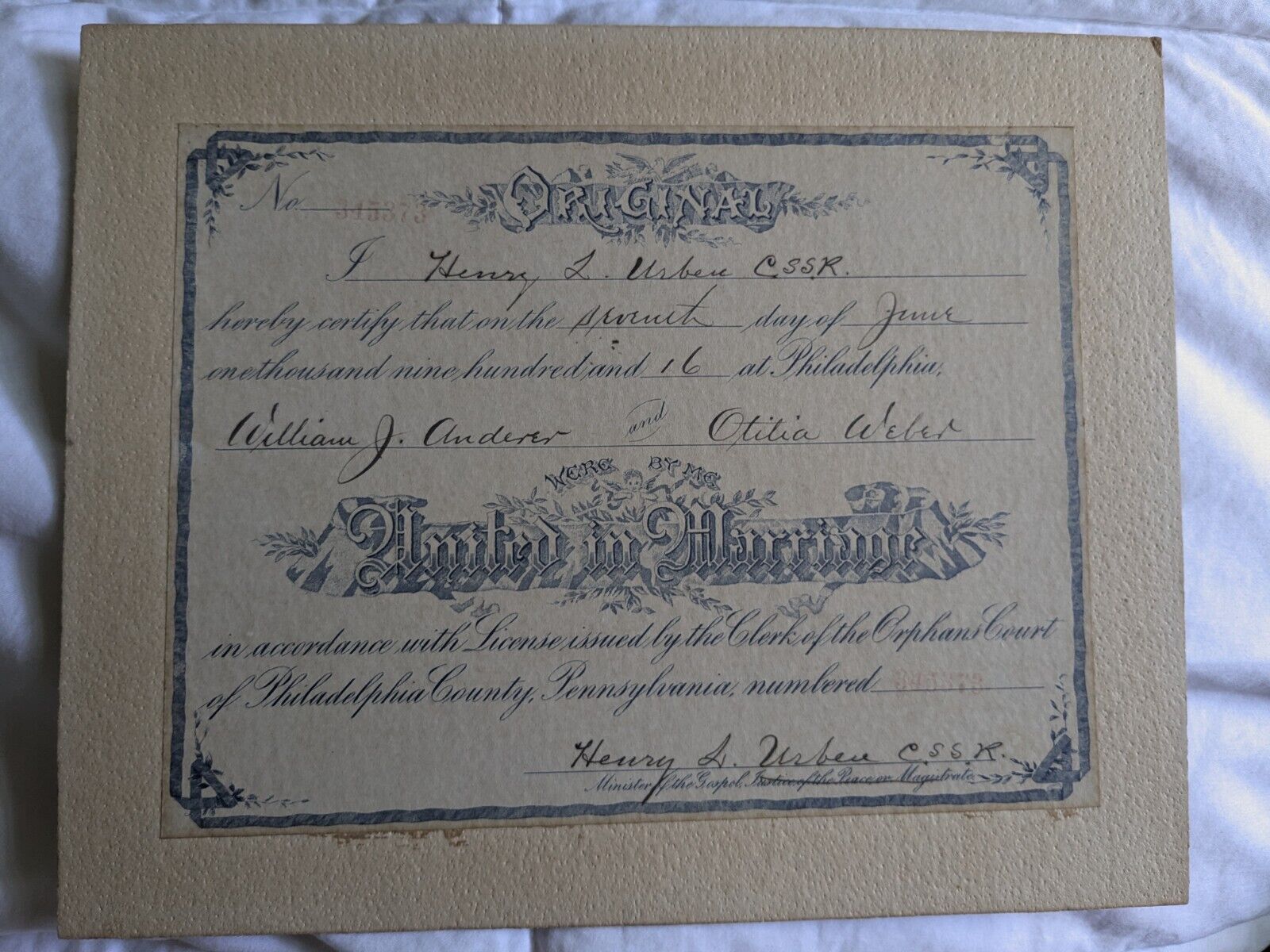 Antique 1916 Marriage License Philadelphia PA - Original