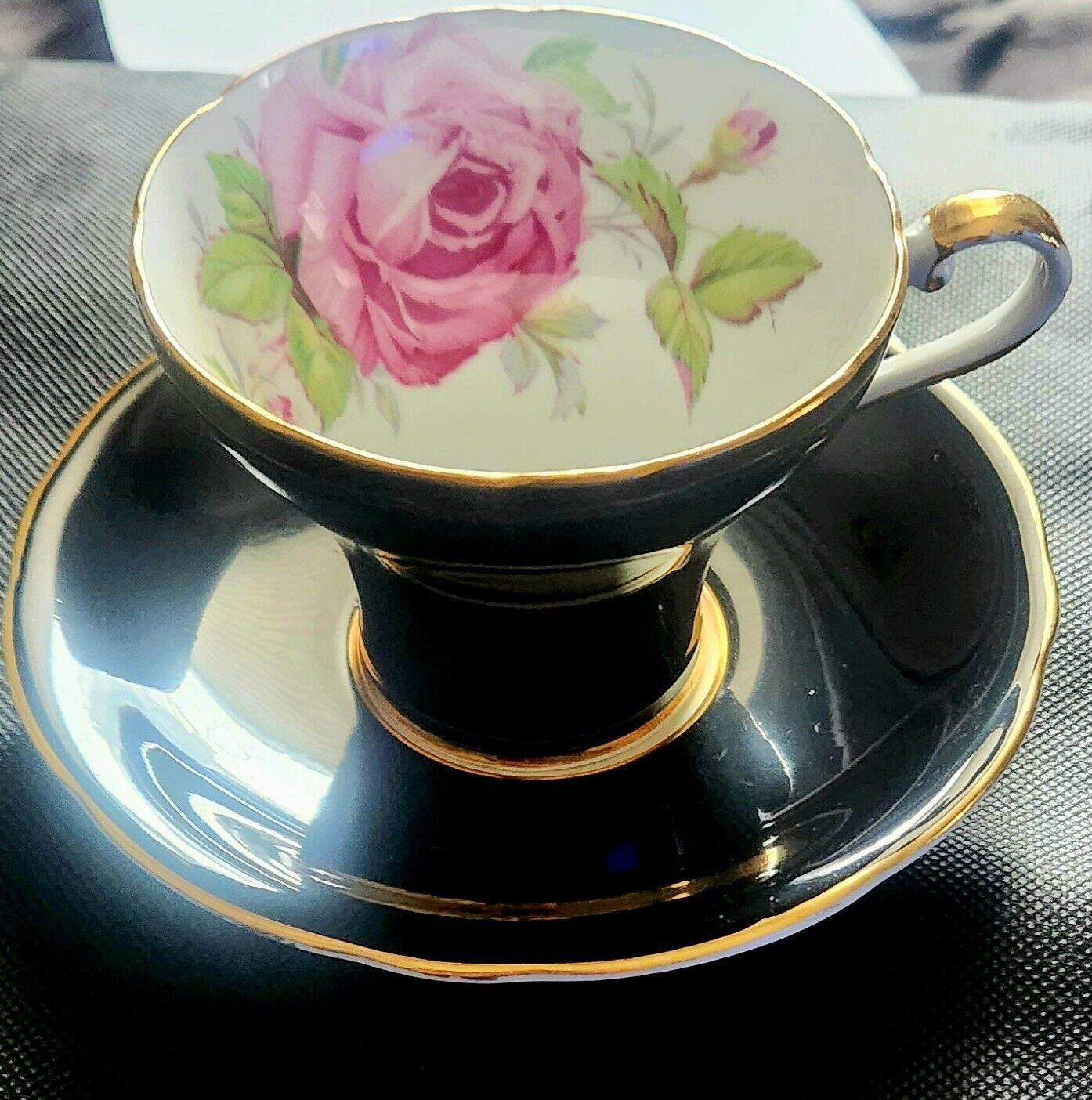 AYNSLEY BLACK TEA CUP AND SAUCER CABBAGE PINK ROSE CORSET C957 GOLD ENGLAND