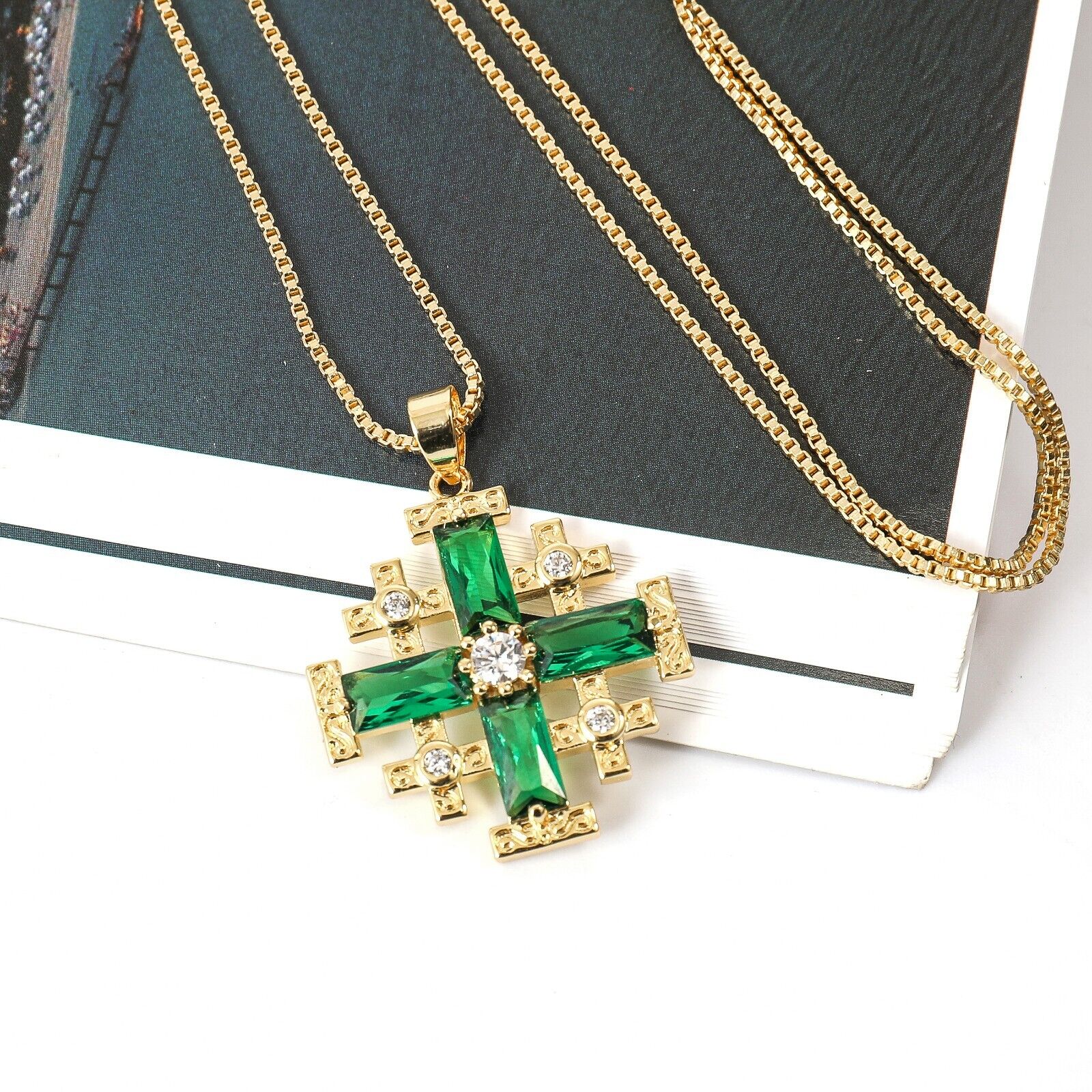Green Topaz Jerusalem Cross Crusaders Pendant Necklace Gold Plated 18k