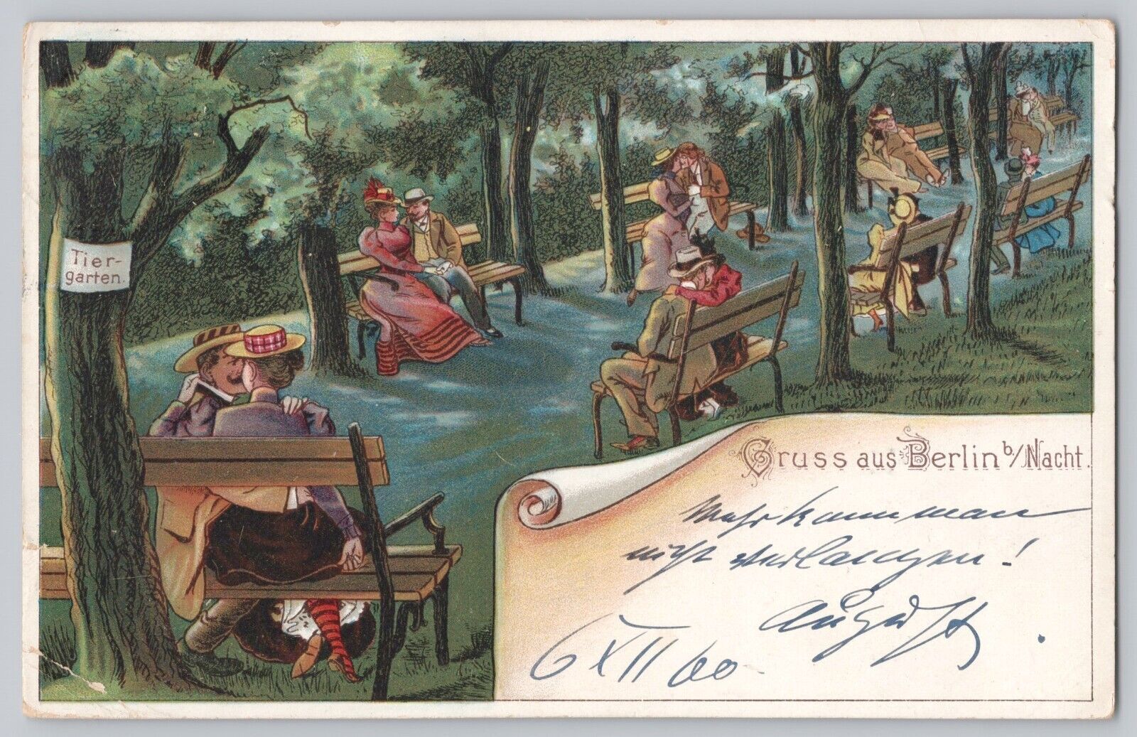Gruss aus Berlin at Nacht 1900 Postcard Showing Tiergarten Unbridled Nightlife