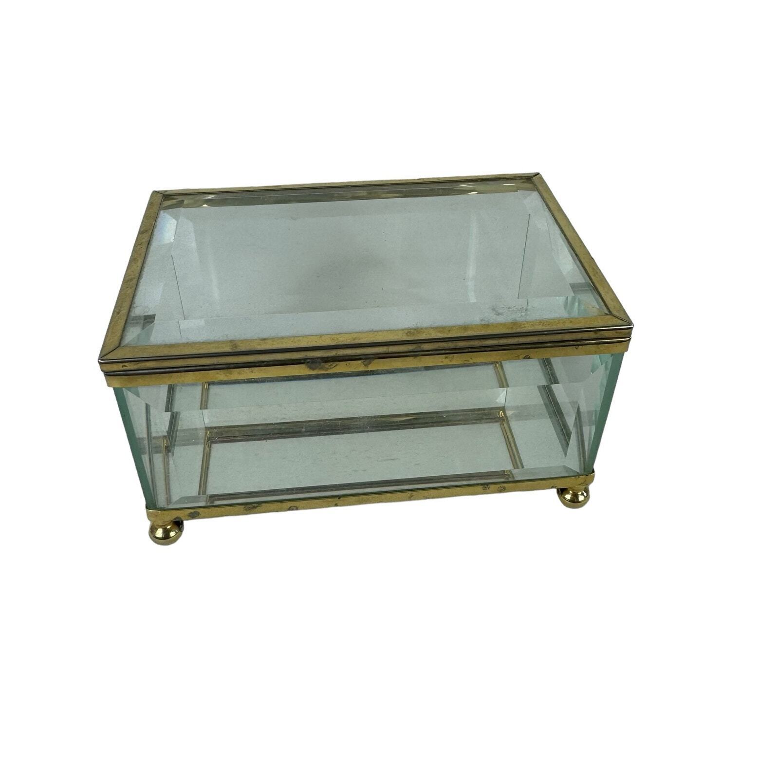 Vintage Beveled Glass Brass Trim Rectangular Hinge Lidded Trinket Box