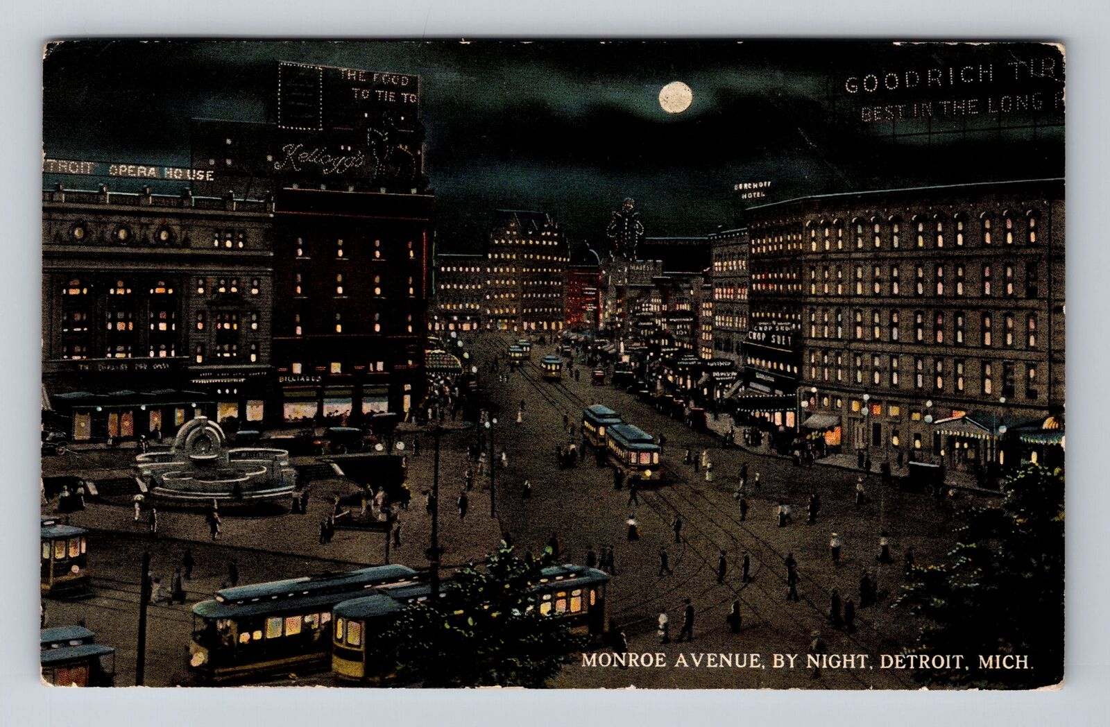 Detroit MI-Michigan, Monroe Avenue, Night, Kelloggs, Vintage c1916 Postcard