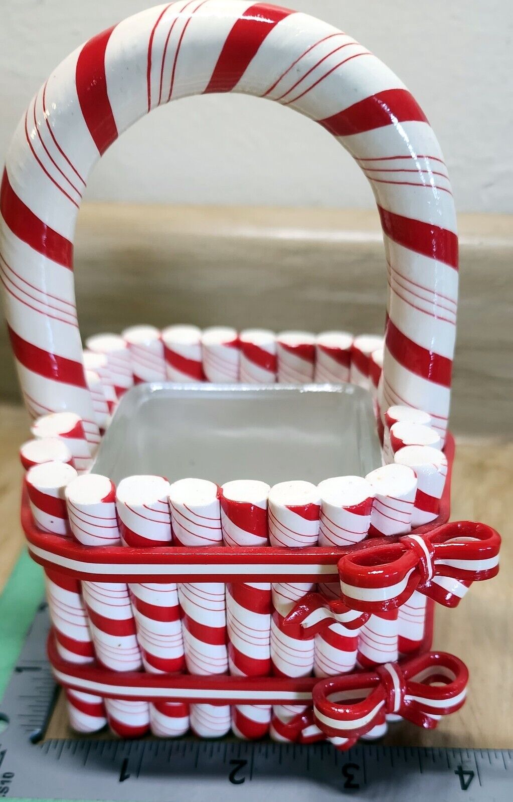 Vintage Christmas Candy Cane Square Shape Ceramic Basket Décor Very Nice See Pic