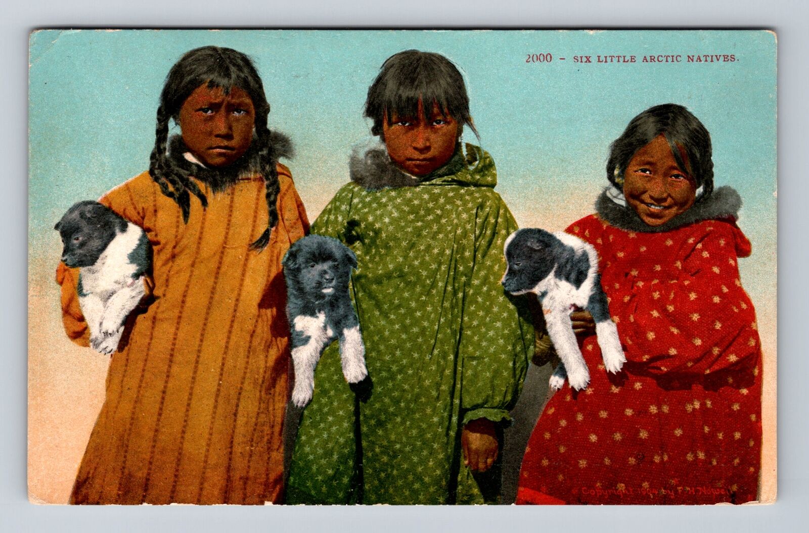 Six Little Arctic Children, People, Antique, Vintage Postcard