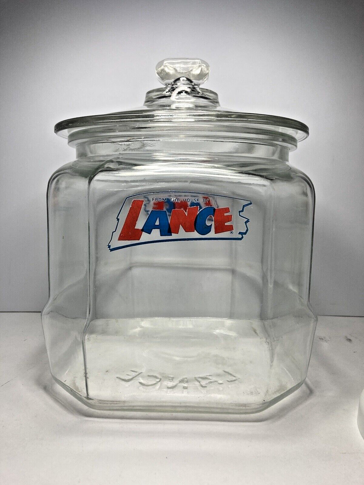 Vintage  Lance Cracker Cookie Jar Store Display Jar 8 sided w/Glass Embossed Lid