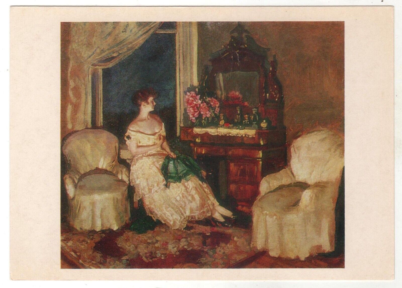 1982 A Lady girl In the room Rustic INTERIOR Old Soviet Russian postcard