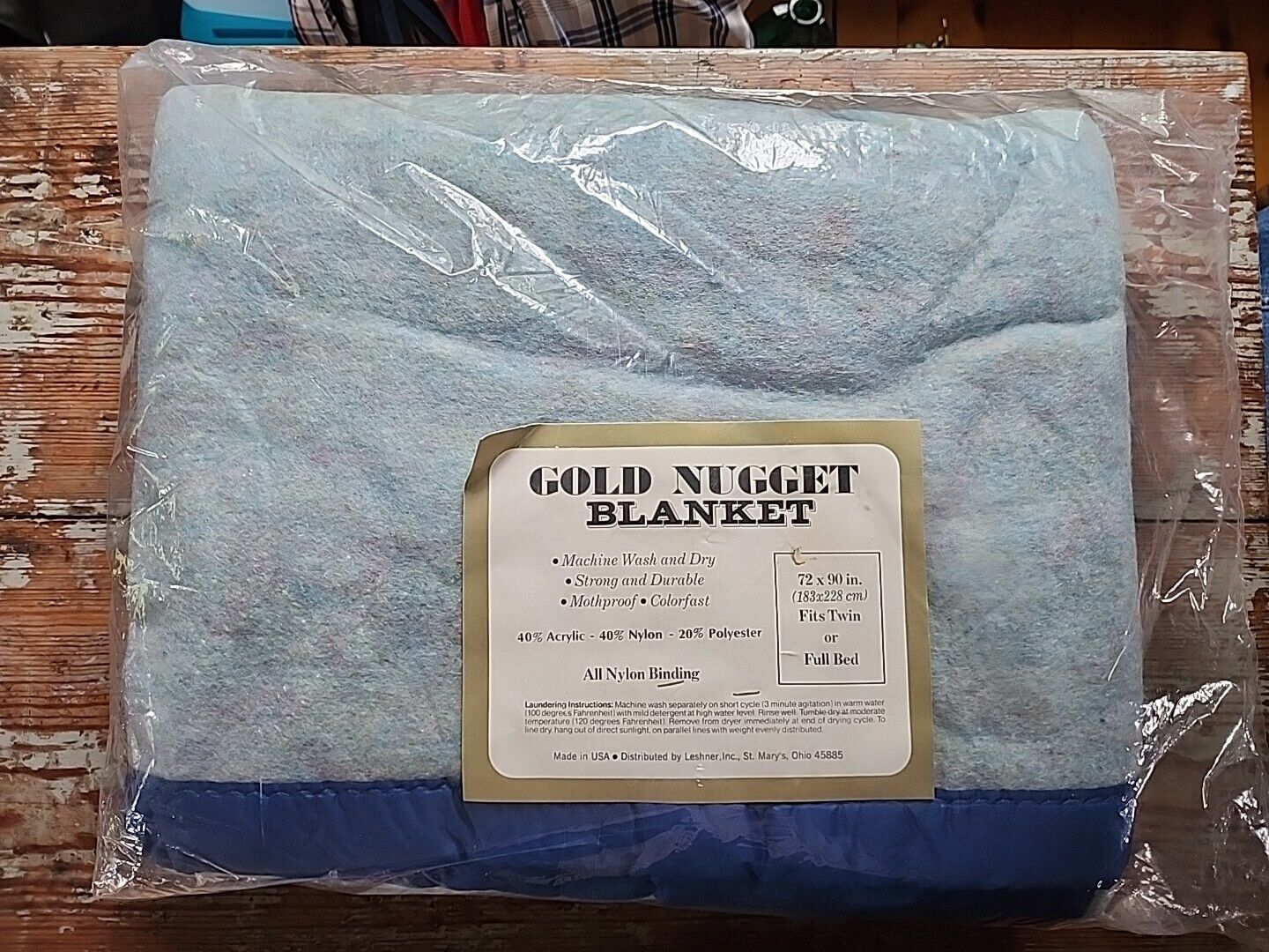 Vtg Blanket NEW Blue 72x90 Nylon Binding TWIN Or FULL Gold Nugget Blanket NIP