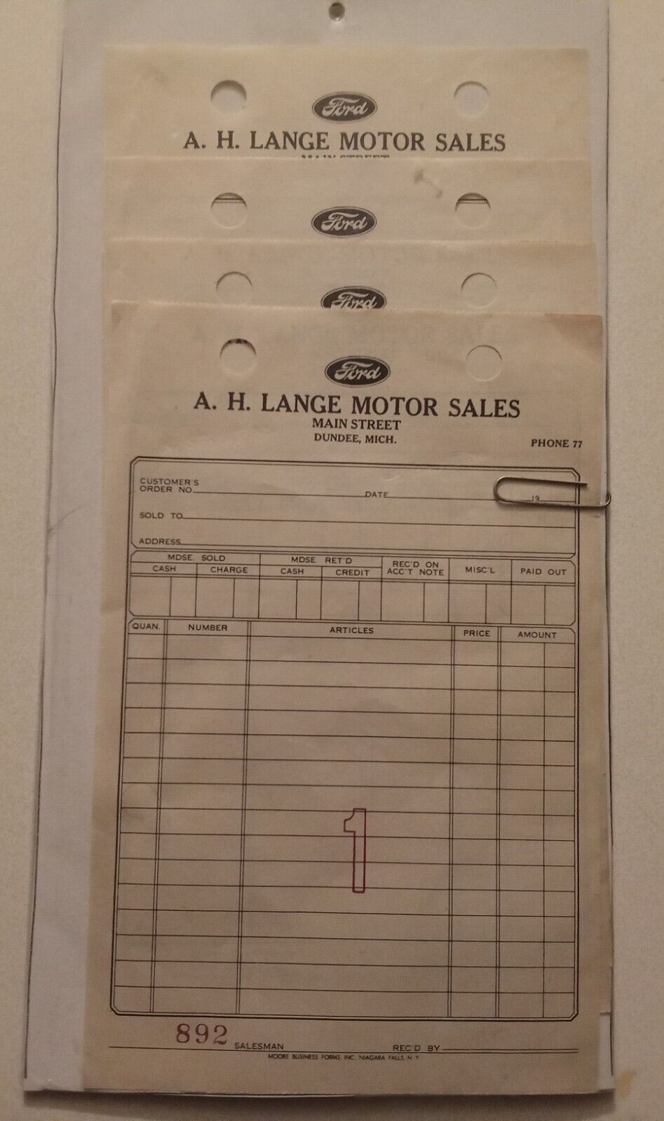 Vtg Ford Car Dealer Blank Sales Receipts, A.H. Lange Motor Sales, 4,  Dundee MI.