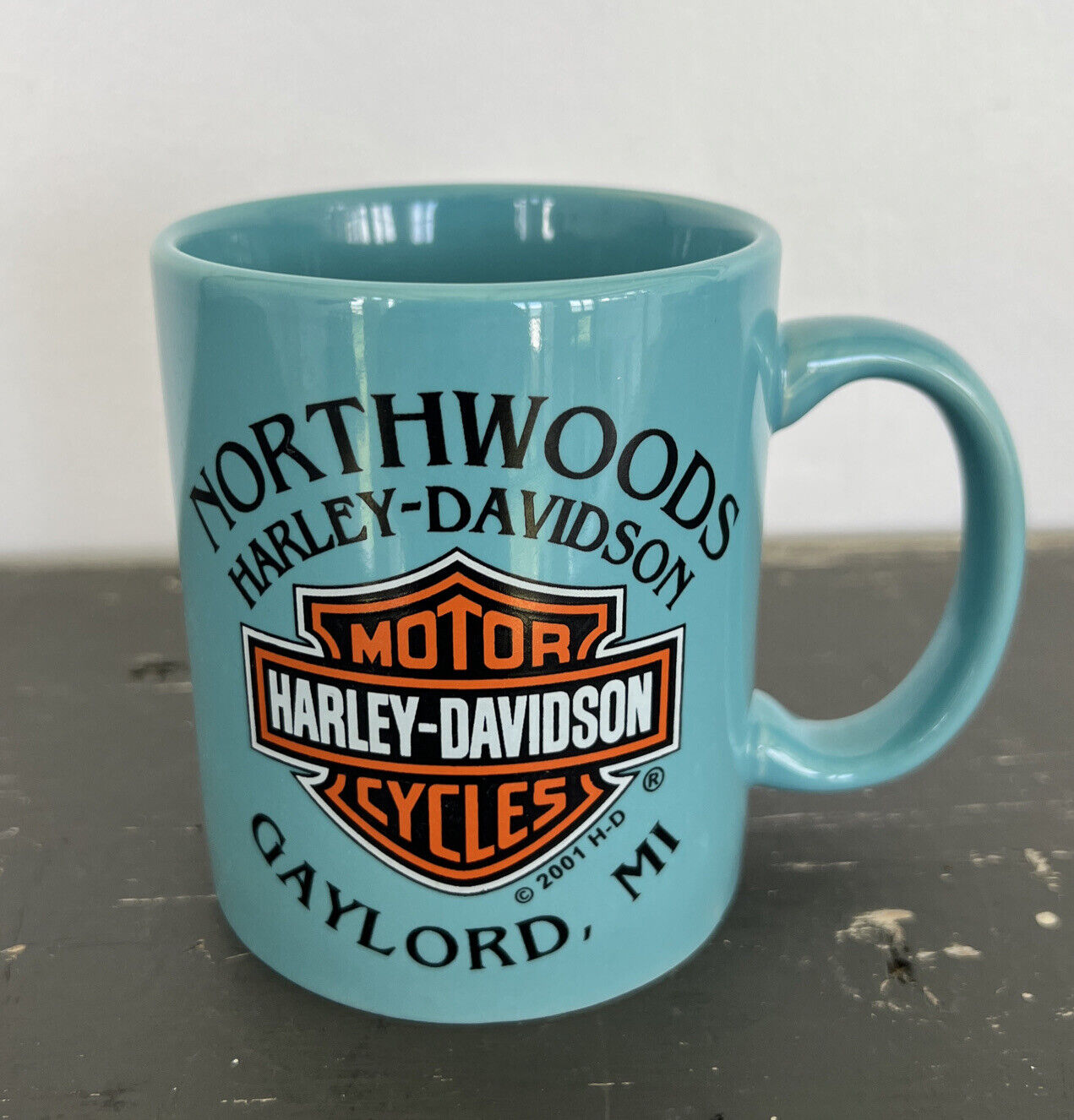Vintage 2001 Harley Davidson Motorcycles Coffee Mug Cup Aqua Blue Northwoods EUC