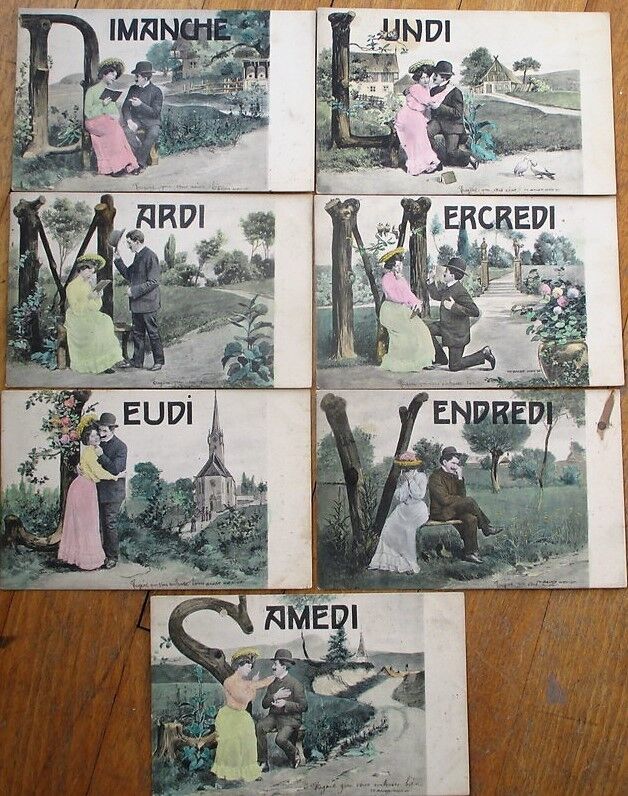 Days of the Week 1904 SET of Seven French Postcards - Couple, Large-Letter