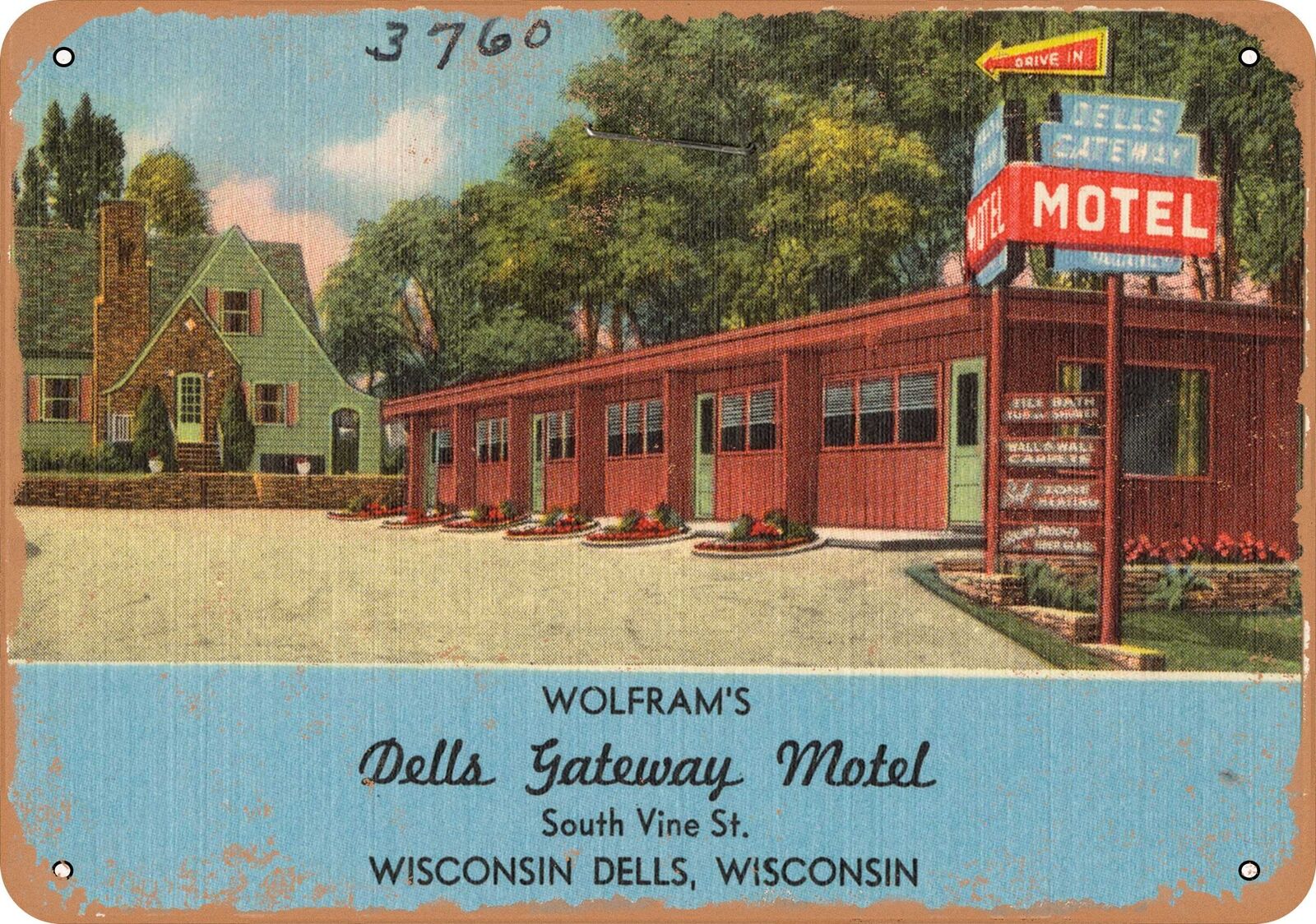 Metal Sign - Wisconsin Postcard - Wolfram\'s Dells Gateway Motel, South Vine St.