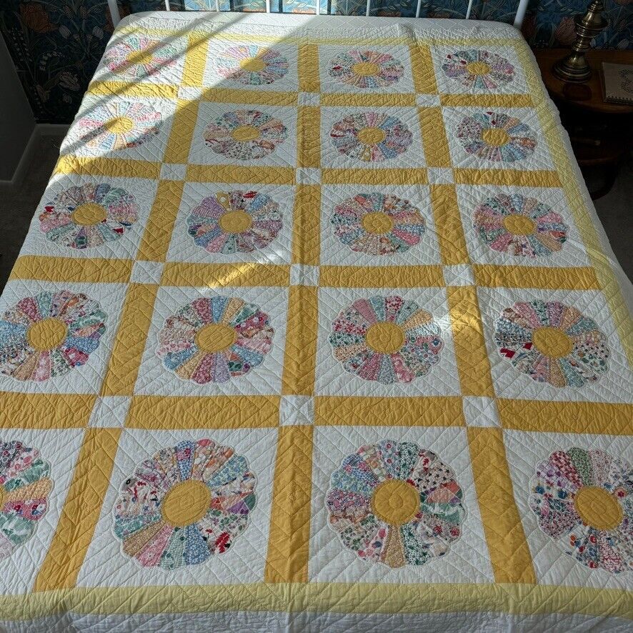 Vintage 1970s Handmade Floral Cotton Yellow Hand Stitched Patchwork Quilt