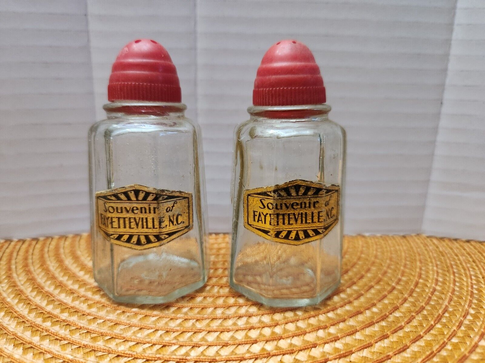 Vintage Glass  Salt & Pepper Shakers , Red Plastic Top , Stamped MCM