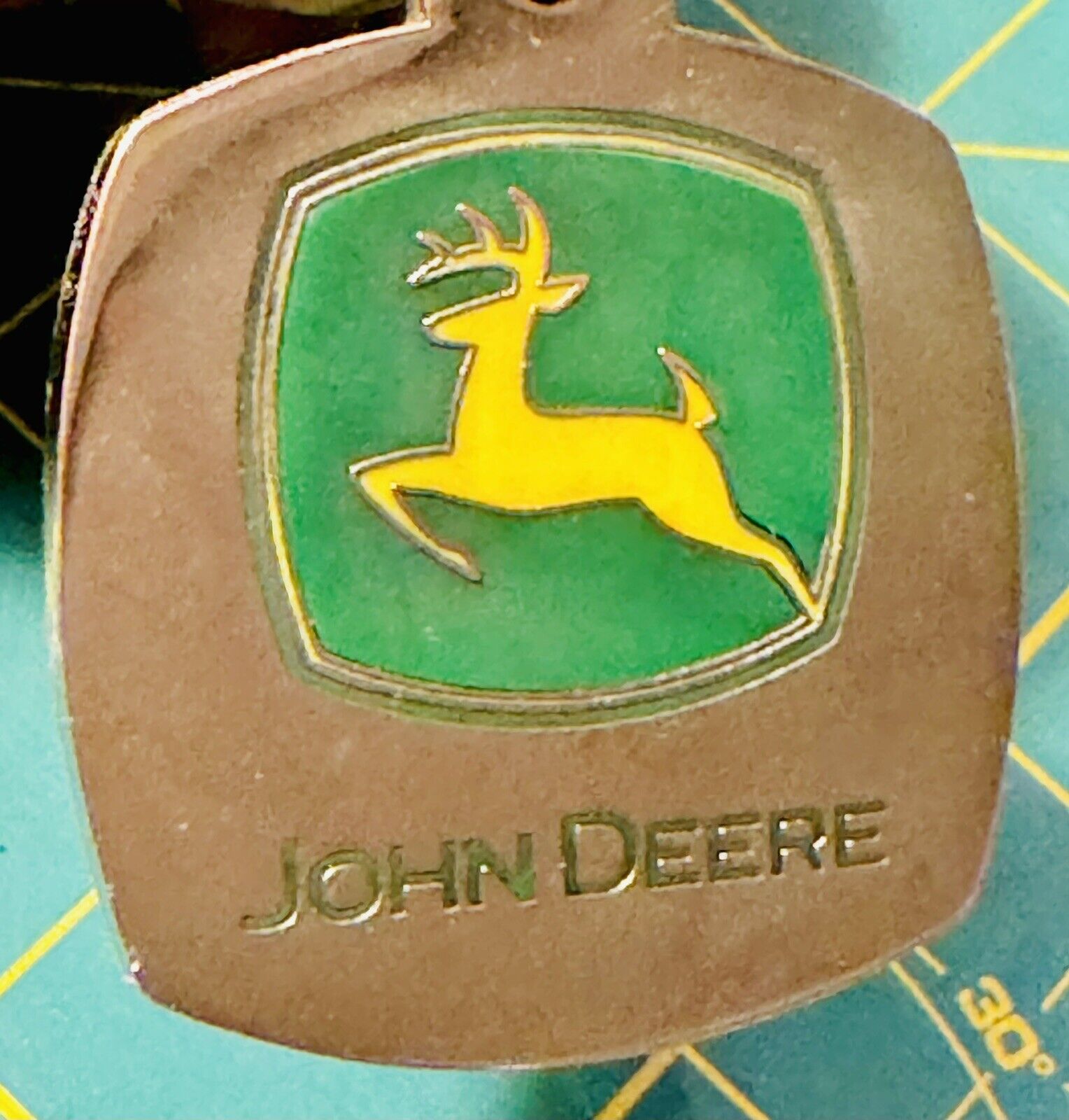 Vintage 2006 John Deere Logo Enamel Keychain,Silver With Old Equipment Key