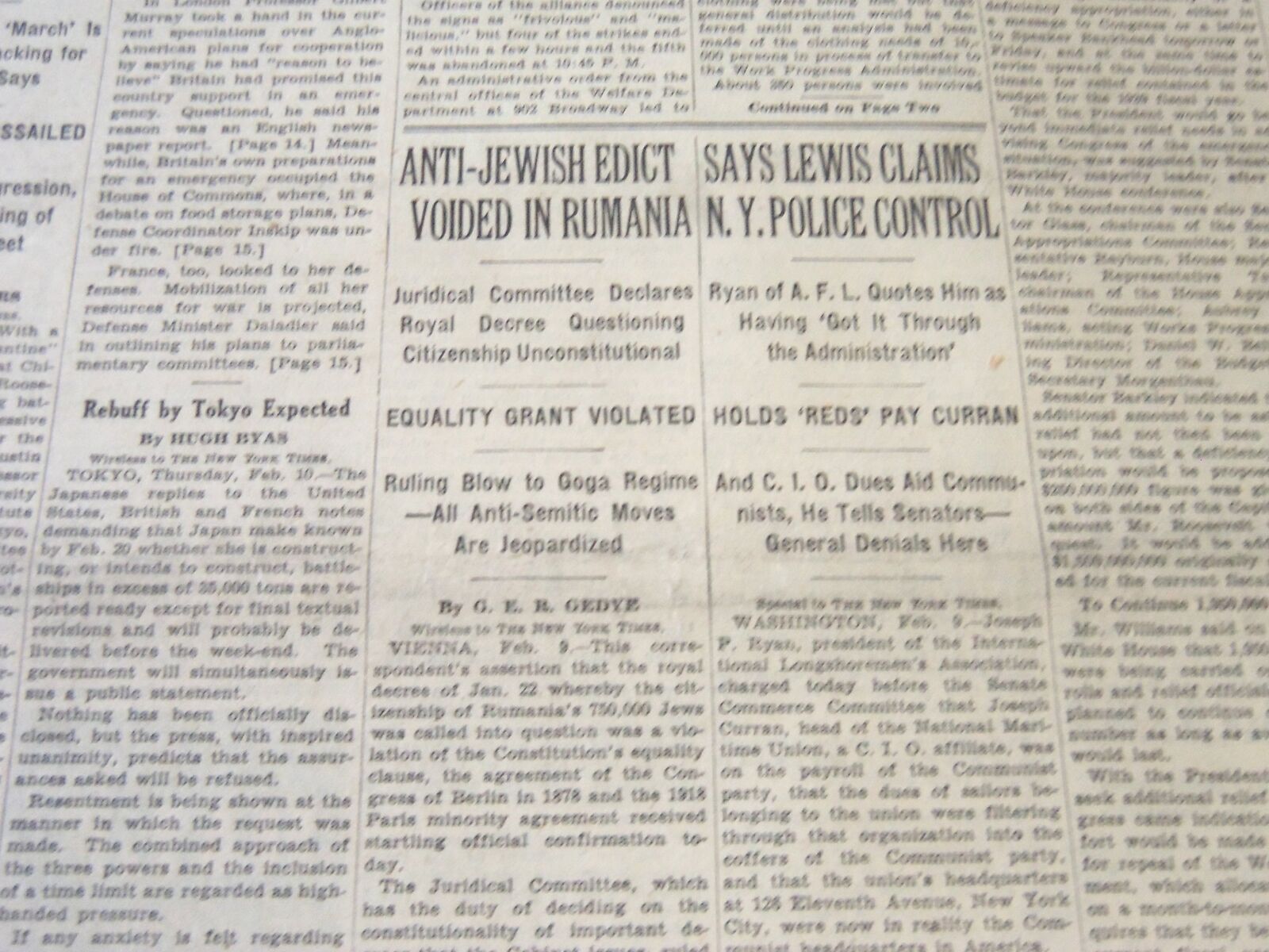 1938 FEBRUARY 10 NEW YORK TIMES - ANTI JEWISH EDICT VOIDED IN RUMANIA - NT 6278