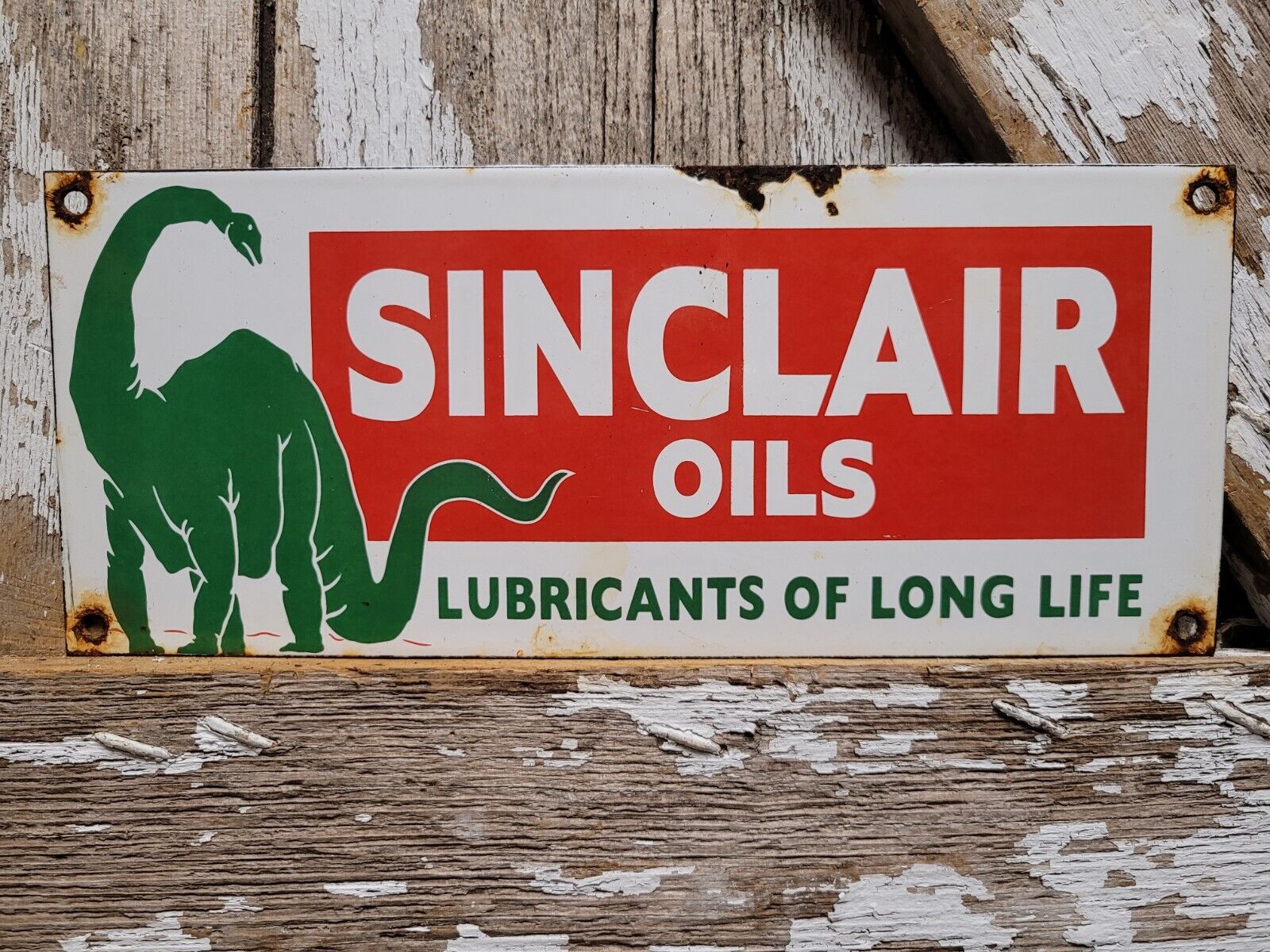 VINTAGE SINCLAIR OILS PORCELAIN SIGN DINO MOTOR LUBE AUTOMOBILE SERVICE PRODUCTS