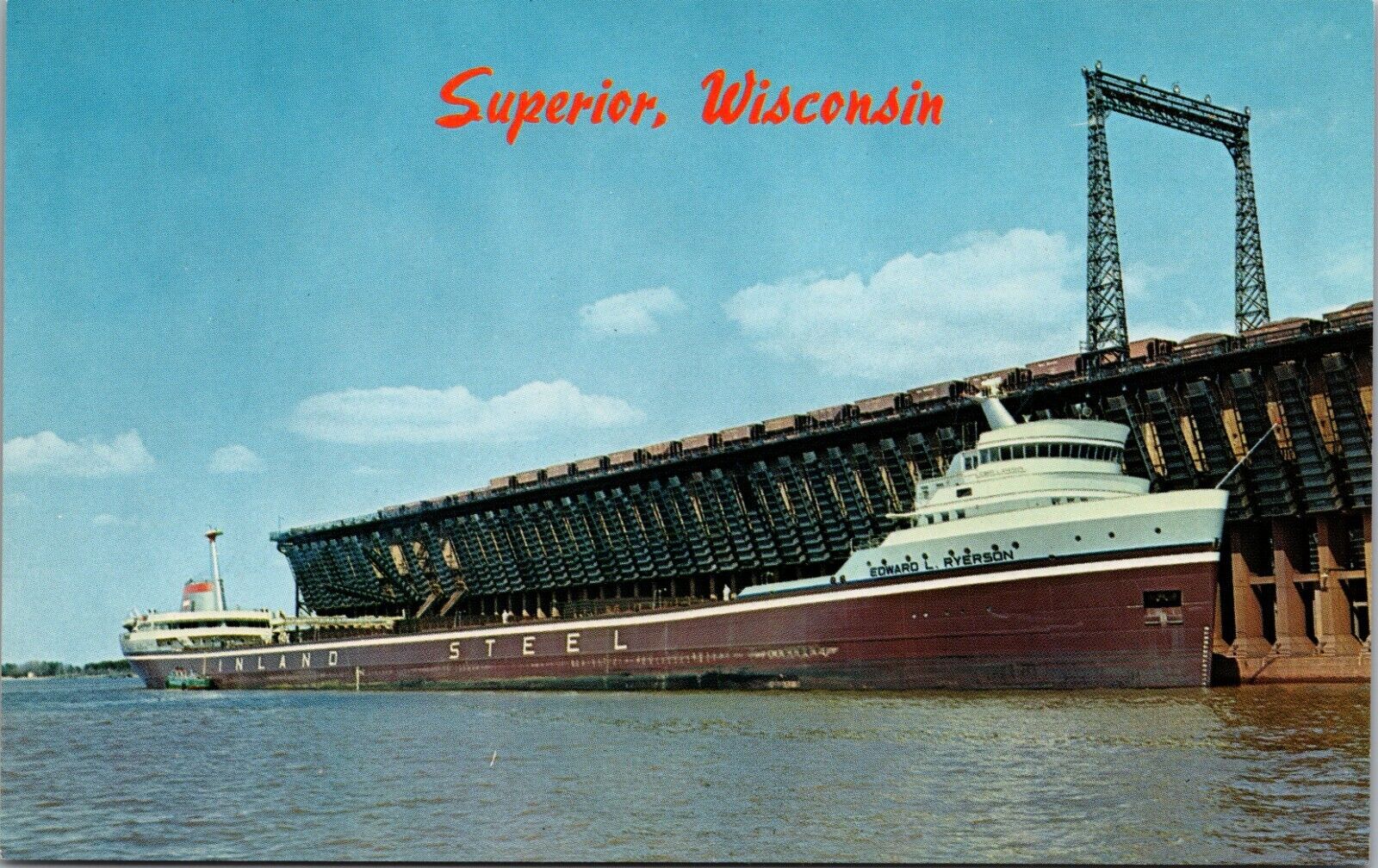 Superior WI Loading Ore Train Boxcars Great N. Docks Ryerson Ship Tug Postcard 