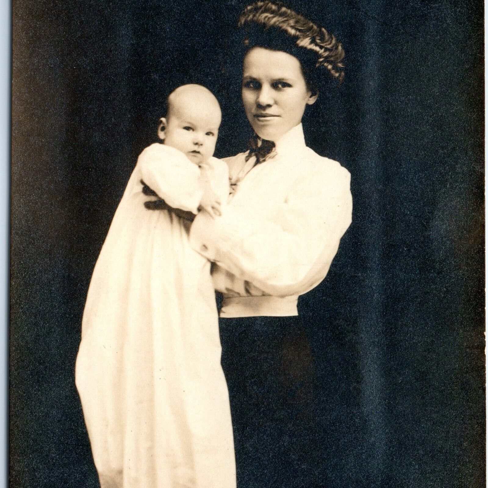 c1910s Mother Holding Baby Son RPPC Fancy Pompadour Hair Real Photo PC A185