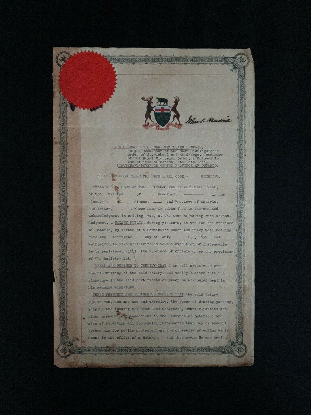 Rare 1919 Ontario Canada Royal Canadian Manuscript Document Signed Duke Governor