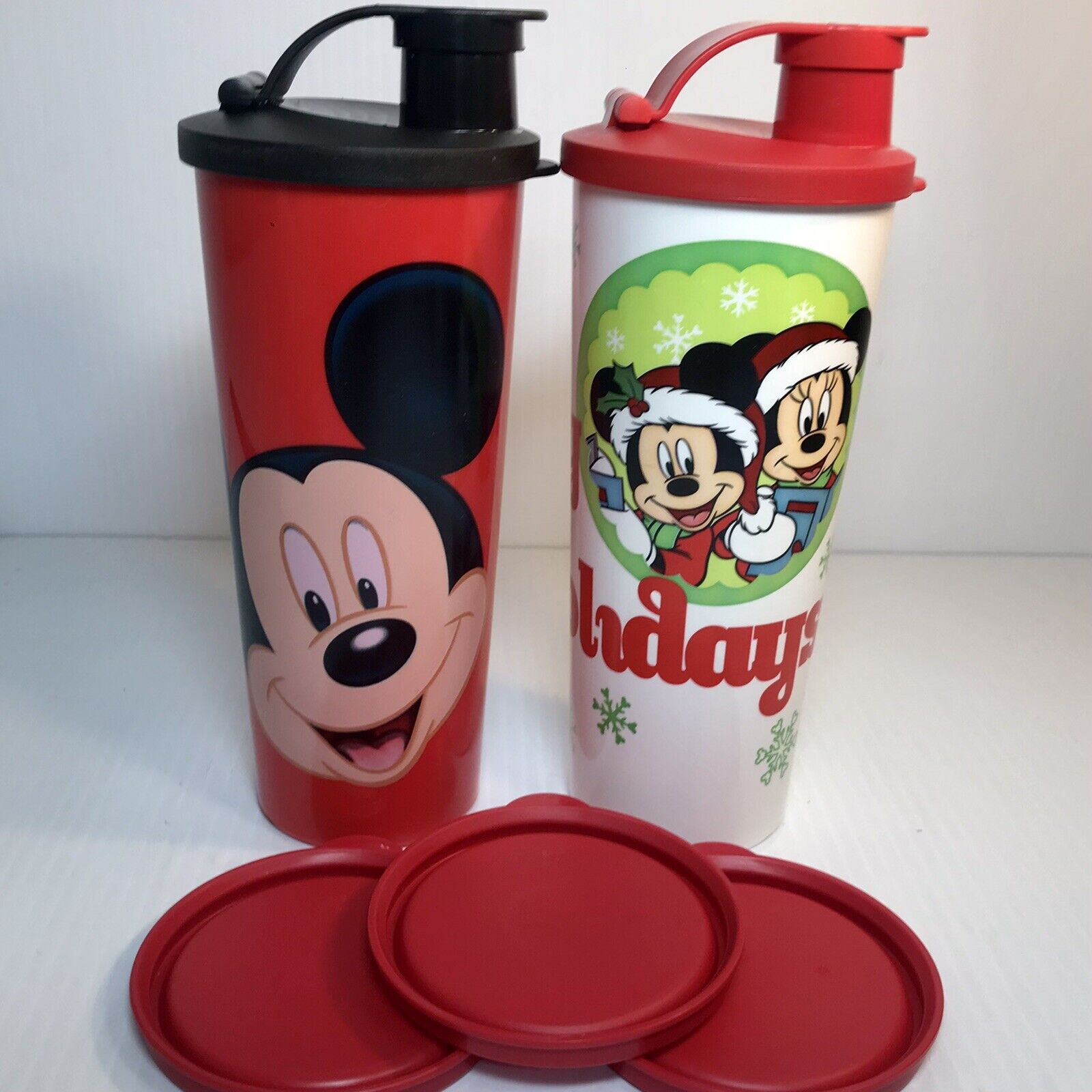 Vintage Tupperware Disney Mickey Mouse Tumbler Cups (2) 16oz Flip Lid w/3 Covers