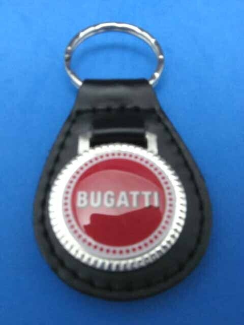 Vintage Bugatti black genuine grain leather keyring key fob keychain - Old Stock