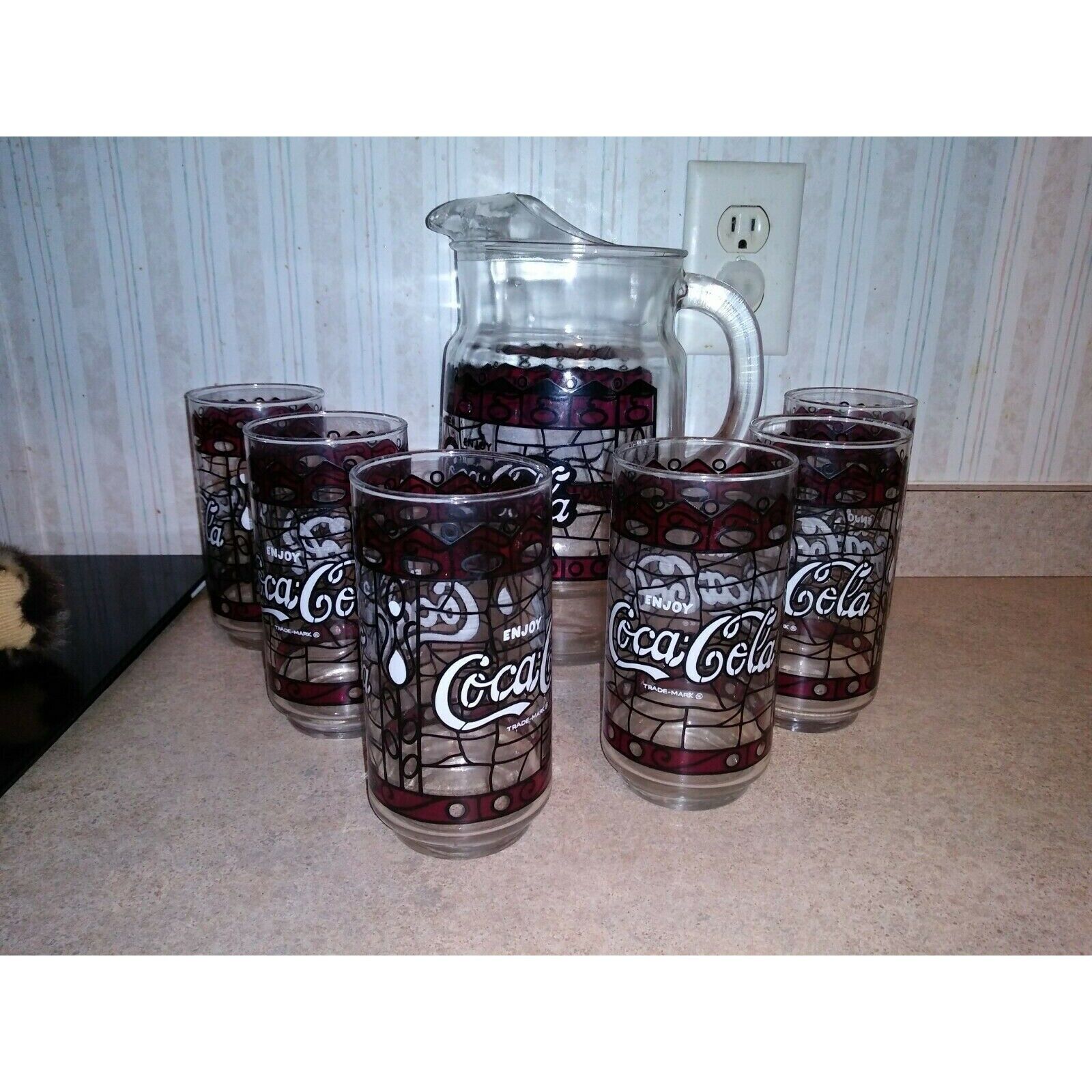 Vintage Coca Cola Large Glass Pitcher And 6 Drinking Glasses Tiffany Style...