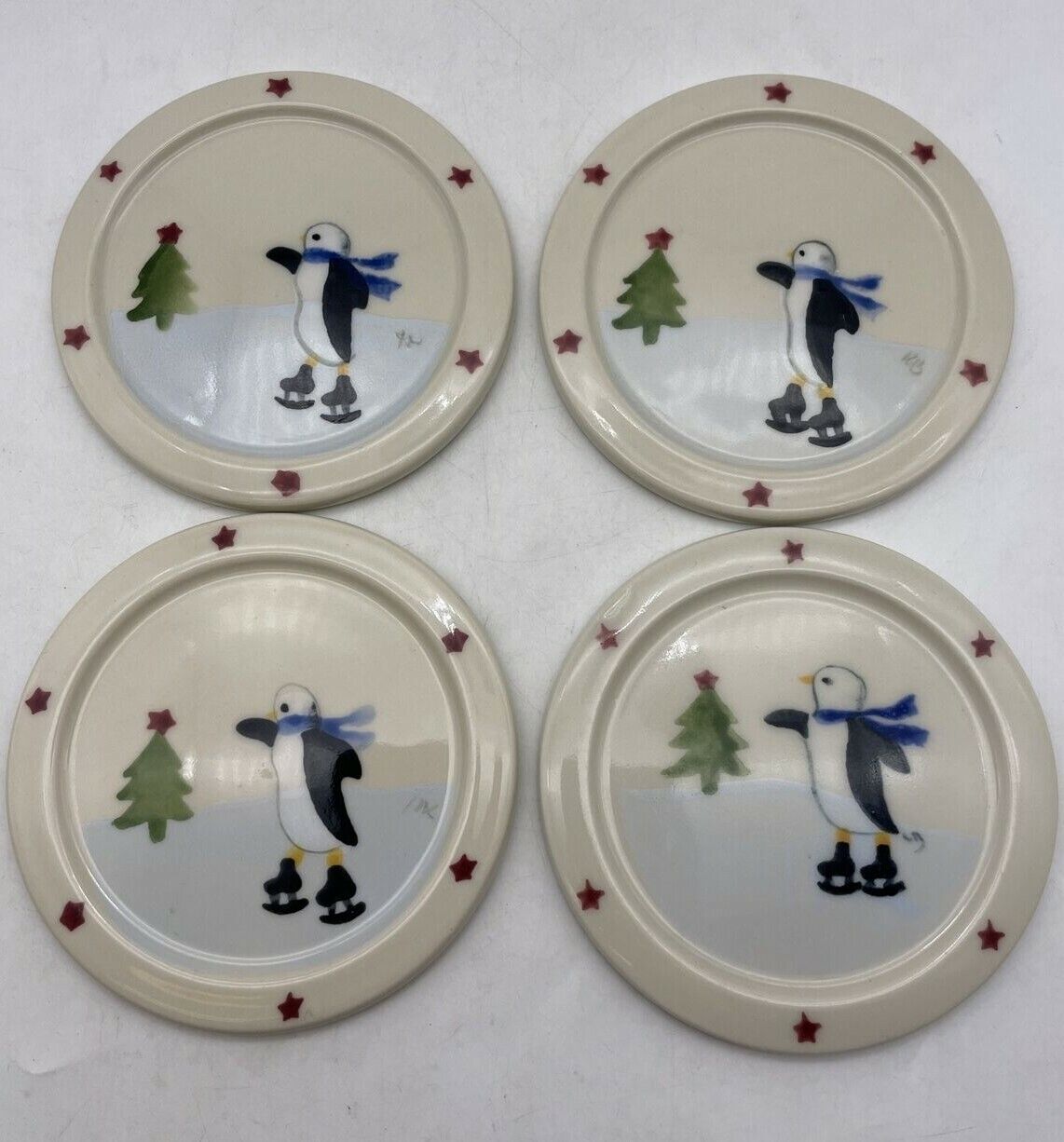 Hartstone Pottery Christmas Penguin Ice Skating Ceramic Coasters Handpainted 