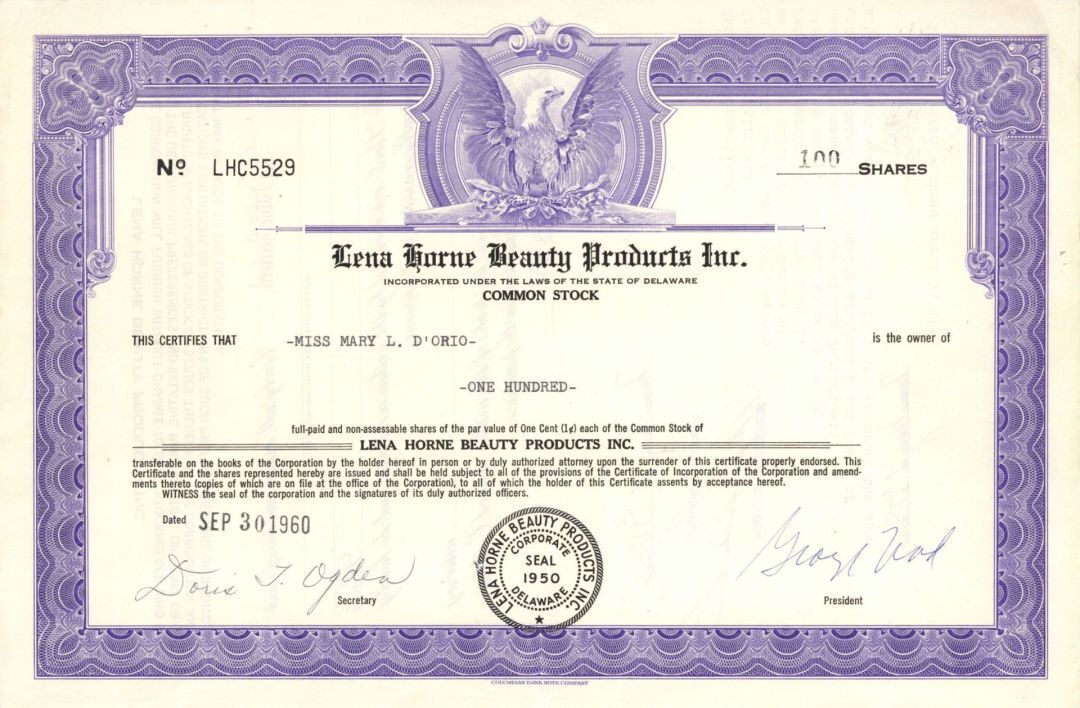Lena Horne Beauty Products, Inc. - 1960-1963 dated Entertainment Stock Certifica