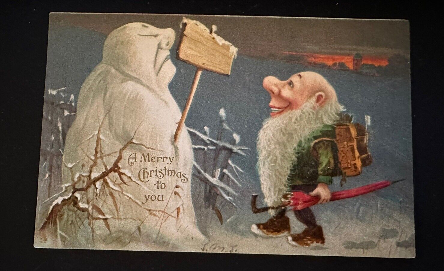 Snowman with Gnome Elf ~ Antique TUCK Christmas Fantasy Postcard-k32