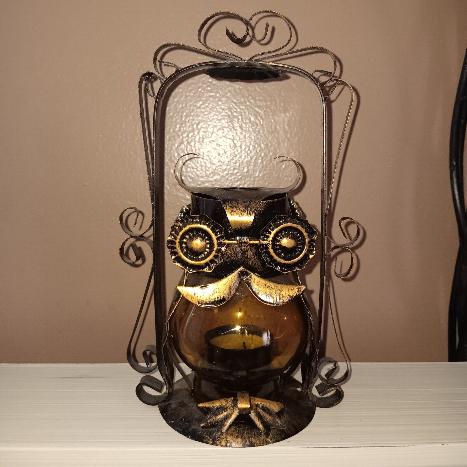 Vintage Metal Filigree and  Amber  Glass Owl Fairy Light Tea Light Lantern