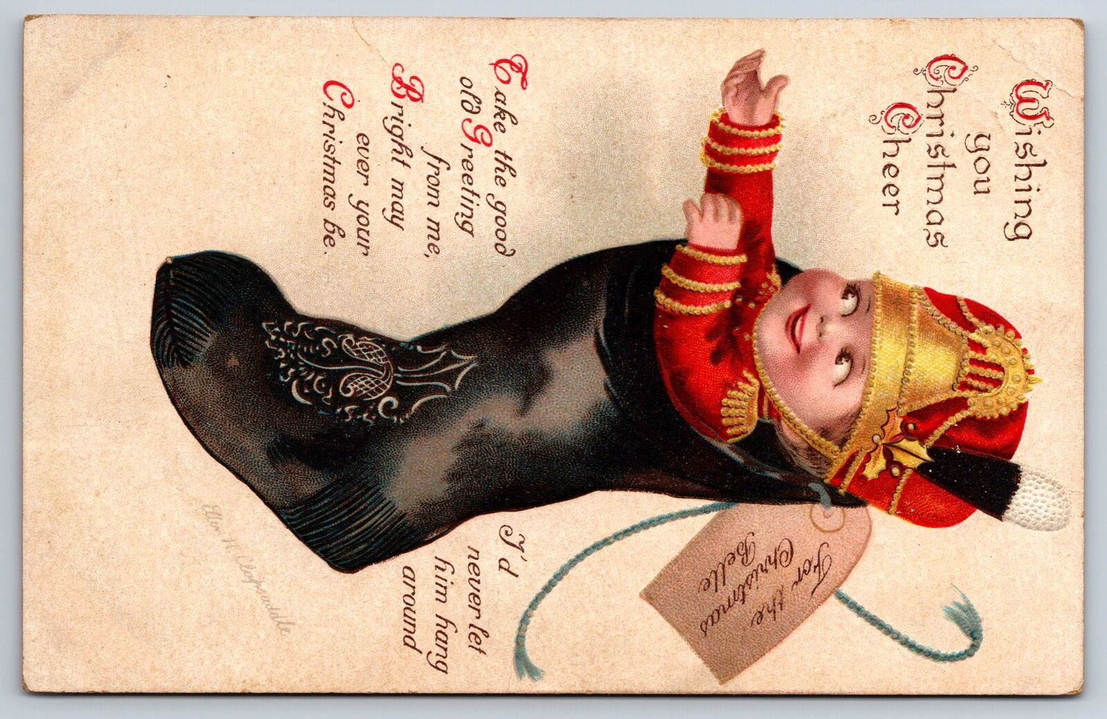 Santa Claus XMAS Postcard- Ellen Clapsaddle Boy Stocking Toy Soldier Series 1894