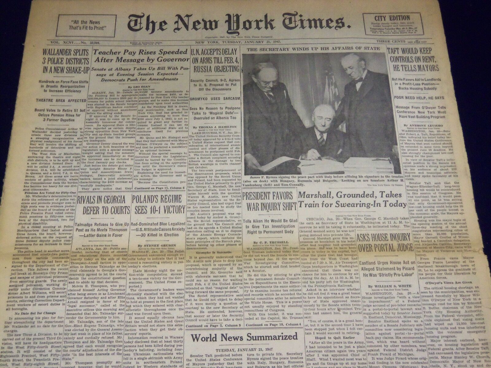 1947 JANUARY 21 NEW YORK TIMES - MARSHALL TO BE SWORN IN TODAY - NT 3321