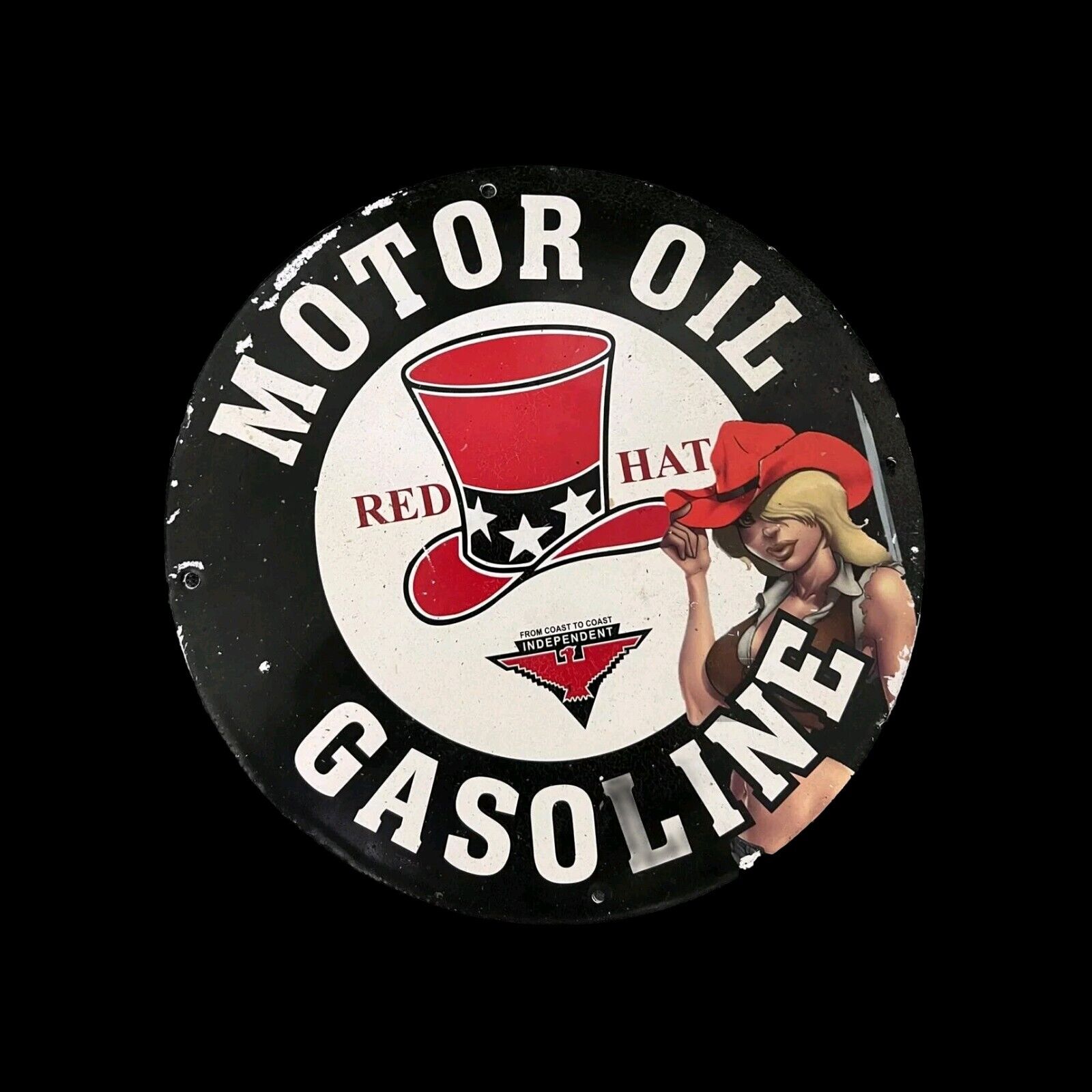 RARE RED HAT GASOLINE PORCELAIN  ENAMEL PINUP GIRL OIL MOTOR SERVICE GAS SIGN