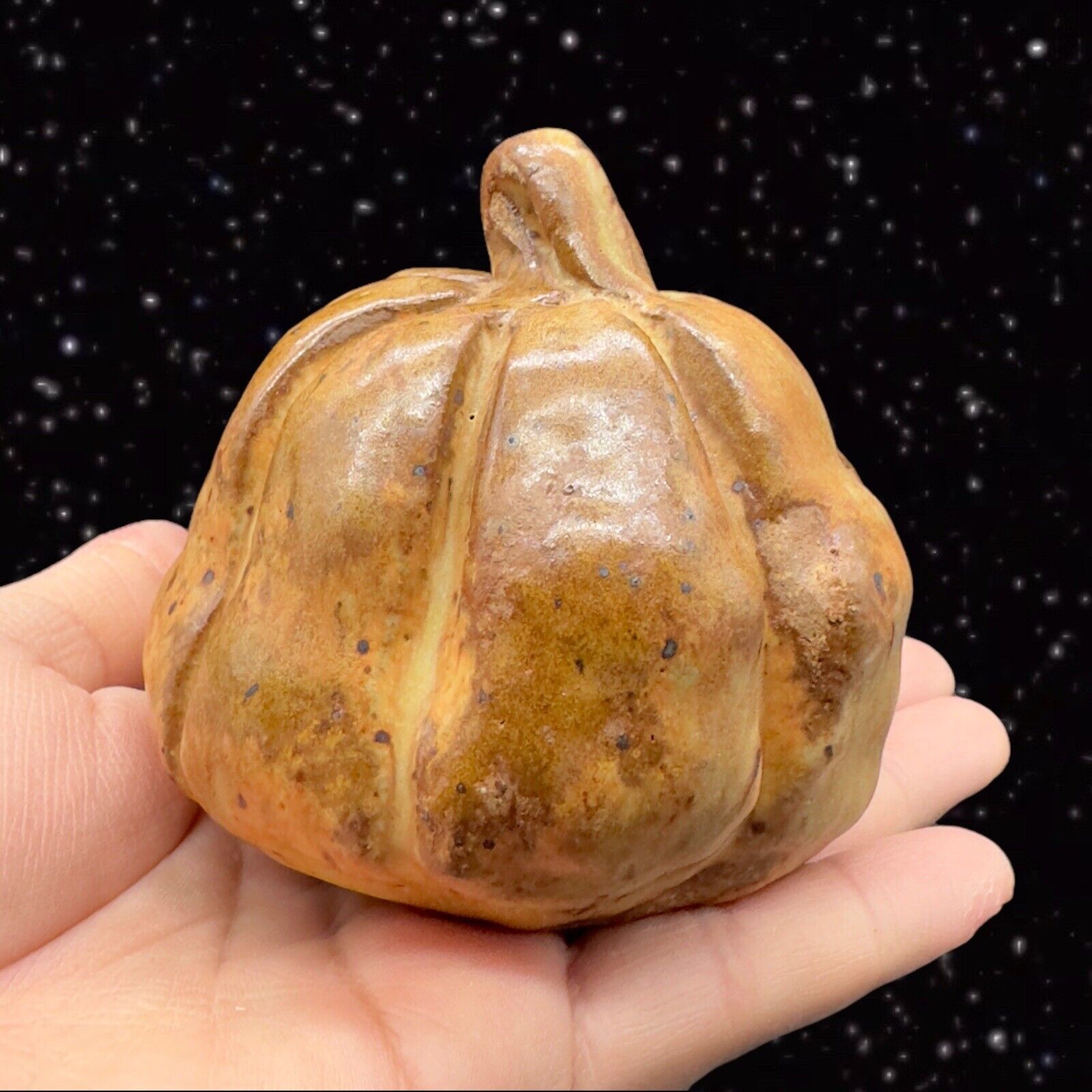 Vintage Hand Made Pottery Pumpkin Paperweight Signed By Artist Figurine 3”T 3”W