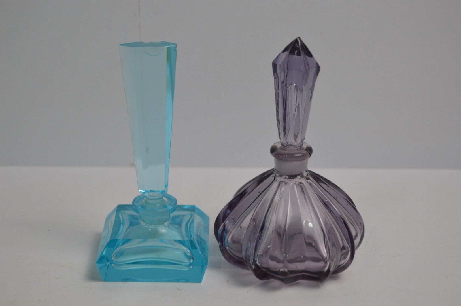 2 Antique Art Deco Perfume Bottles With Dabbers Purple & Aqua Collectible Glass