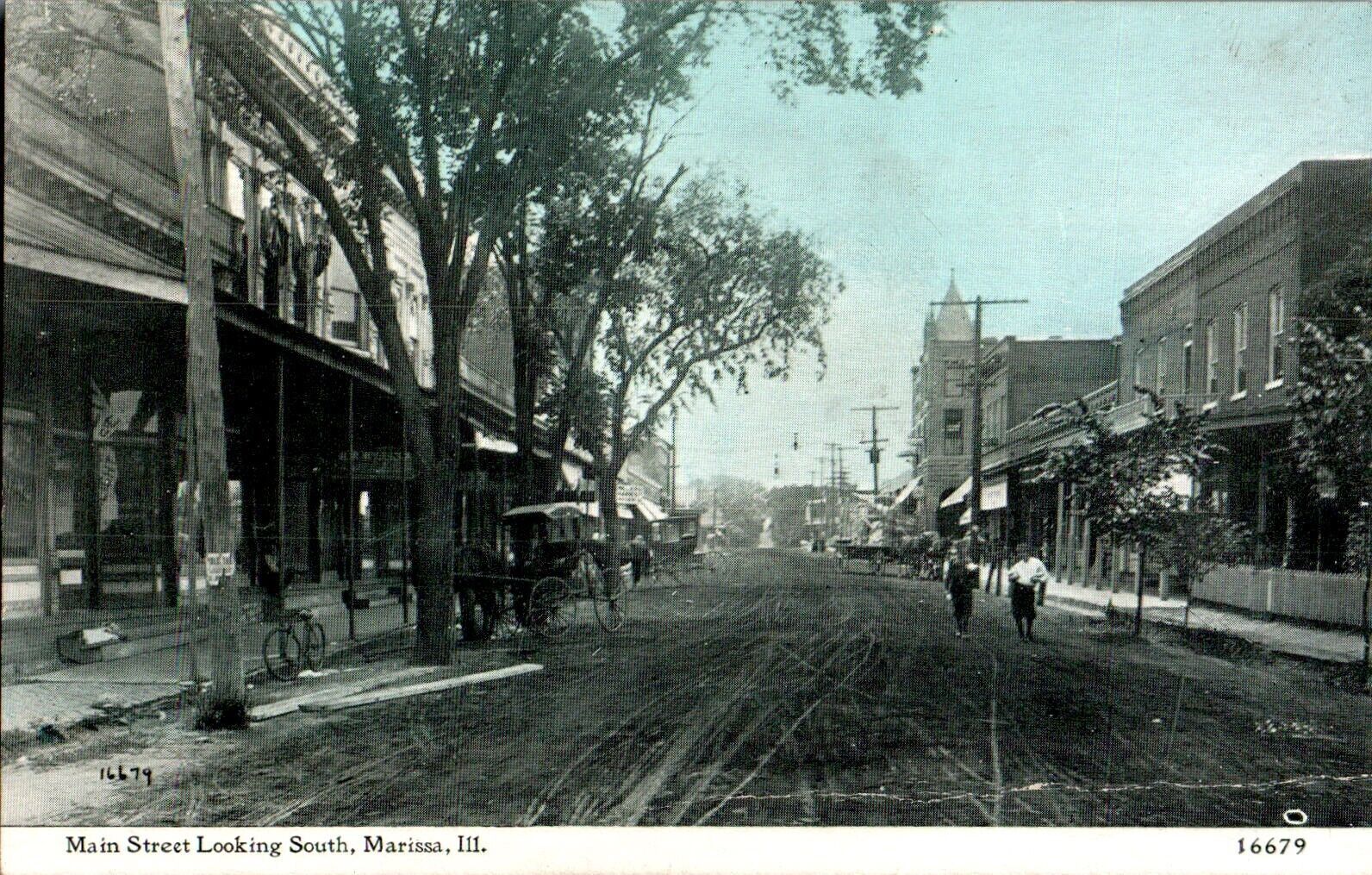 Main Street Looking South, Early Bicycle, Carriage, Marissa, Illinois IL