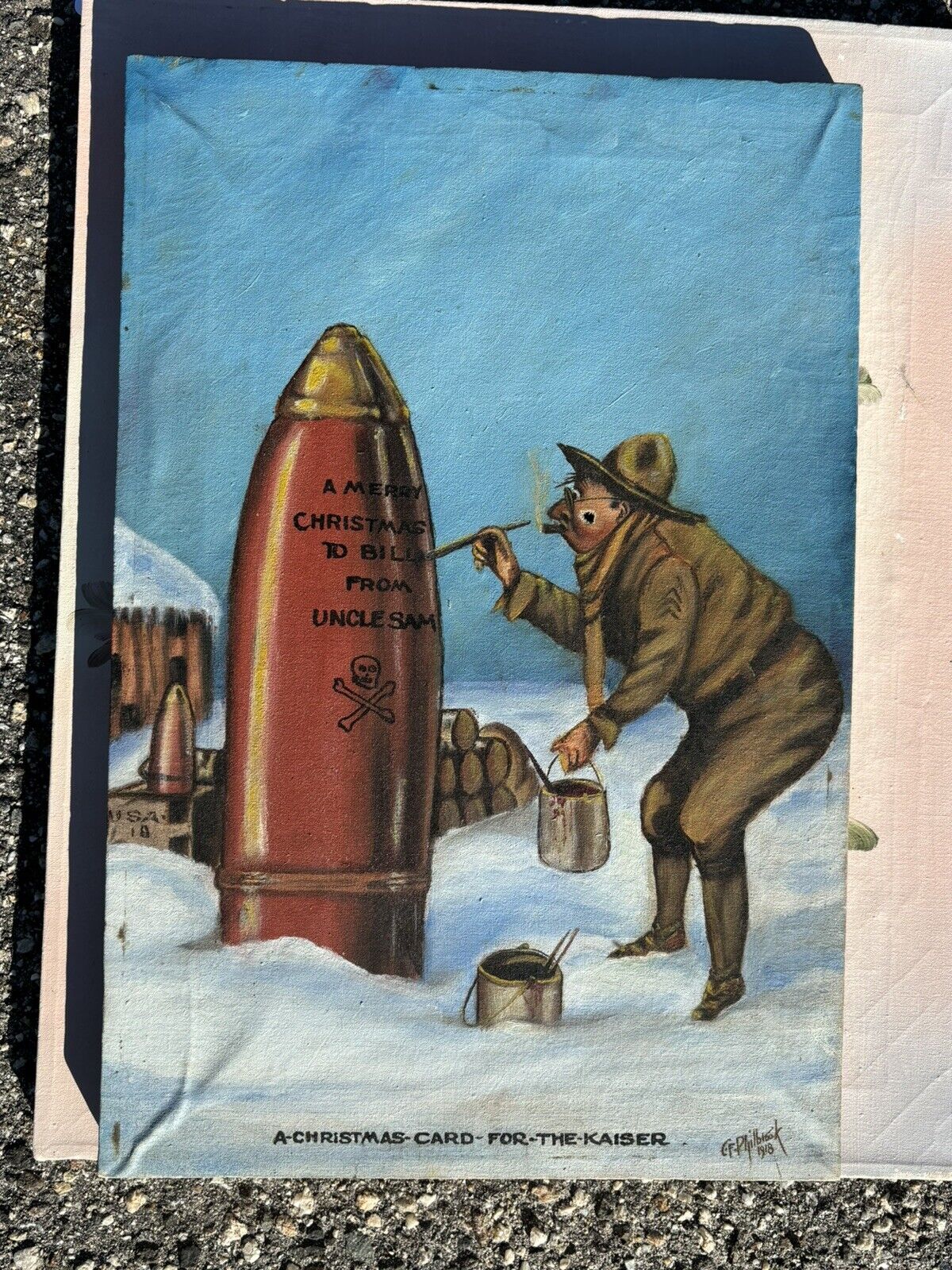 World War I Painting Old Bill British Tommy Smoking Pipe 1918 CF Philbrook