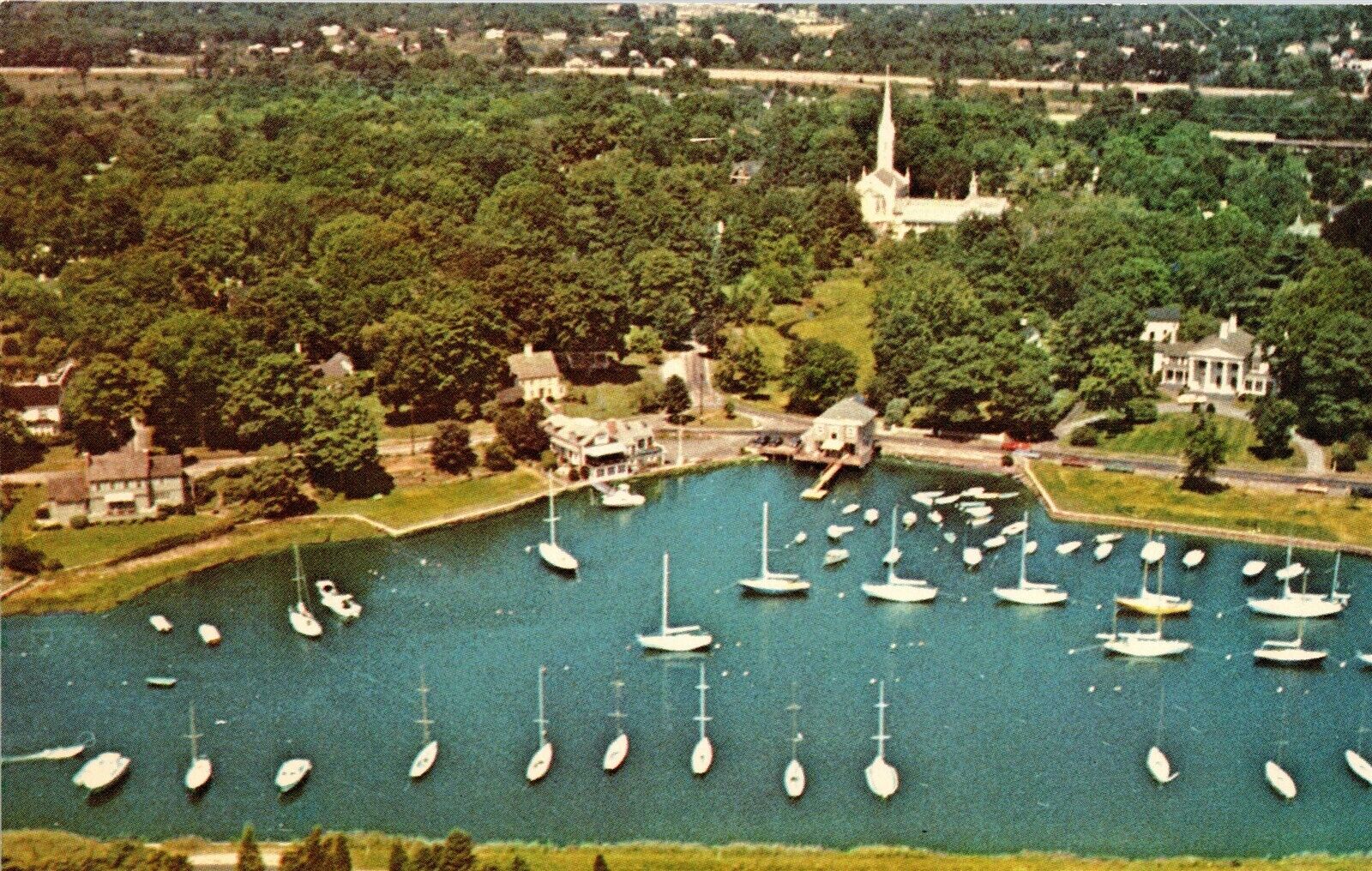Harbor on the Connecticut Shore Vtg CT Postcard Aerial View Sailboats Unused