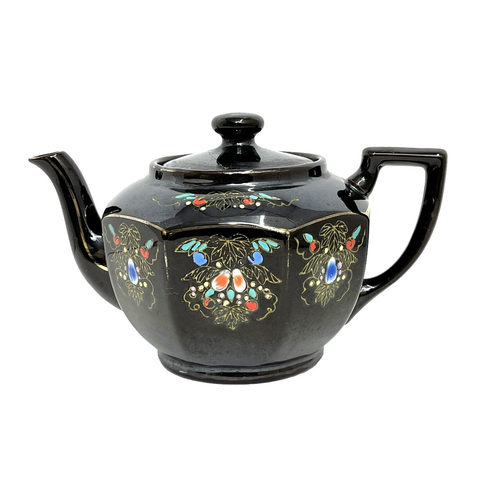 Vintage Black Teapot Hand Painted Floral Gold Trim Made In Japan