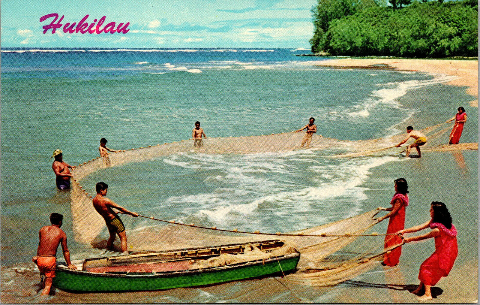 Vtg 1960s Hukilau Ancient Hawaiian Net Fishing Hawaii HI Unused Postcard