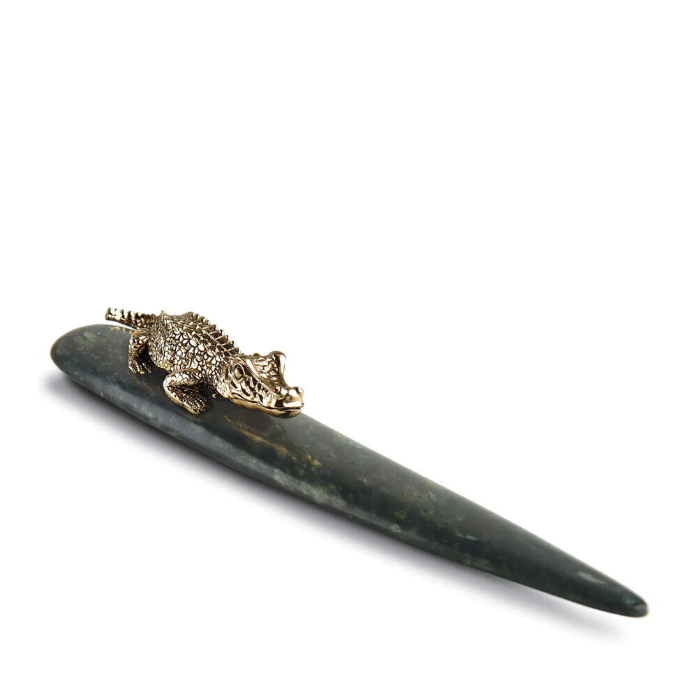 L\'OBJET Crocodile Letter Opener African Jade and 24K Gold Plated Luxury - CU9680