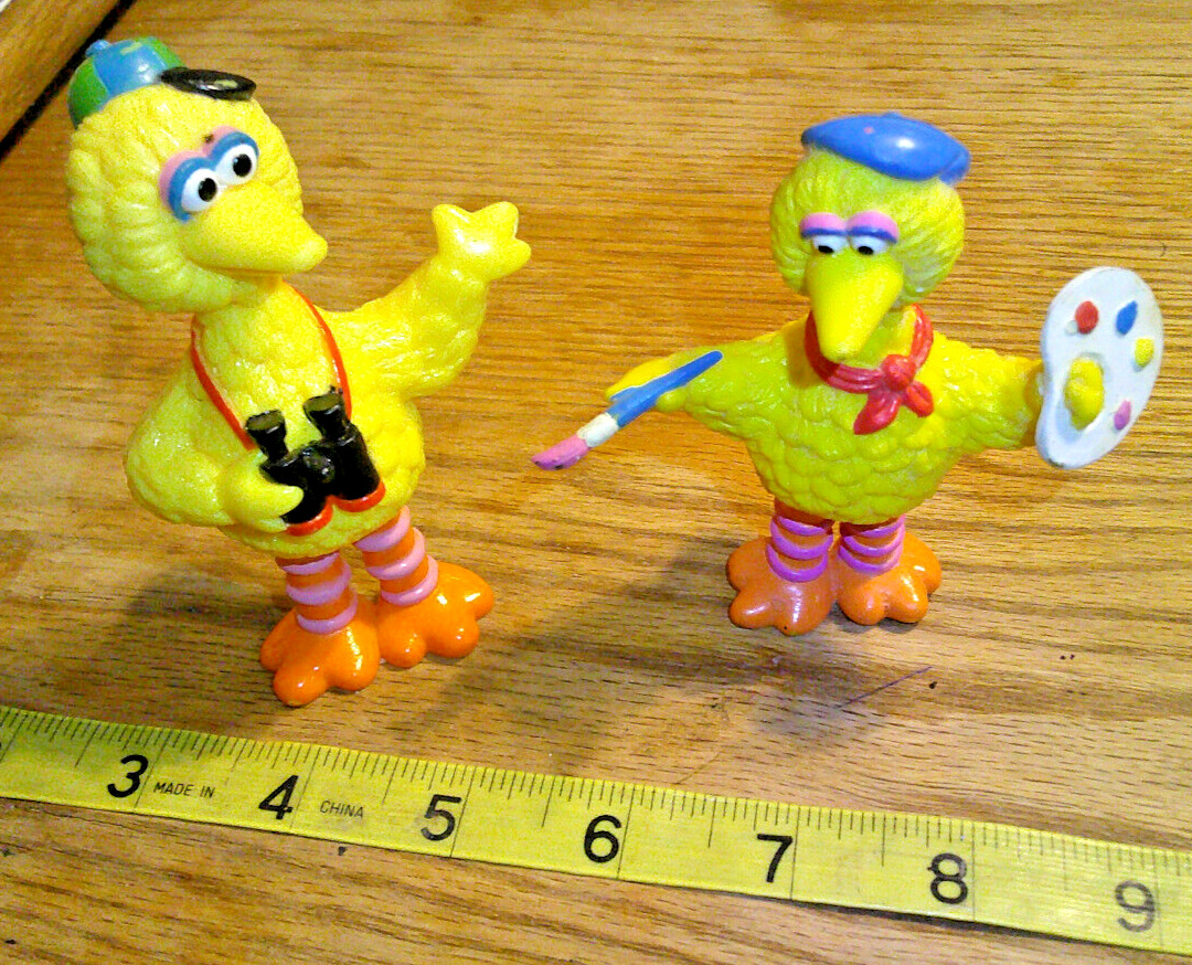 2 vintage Big Bird Sesame Street PVC figures, jhp label, 4” Tall applause