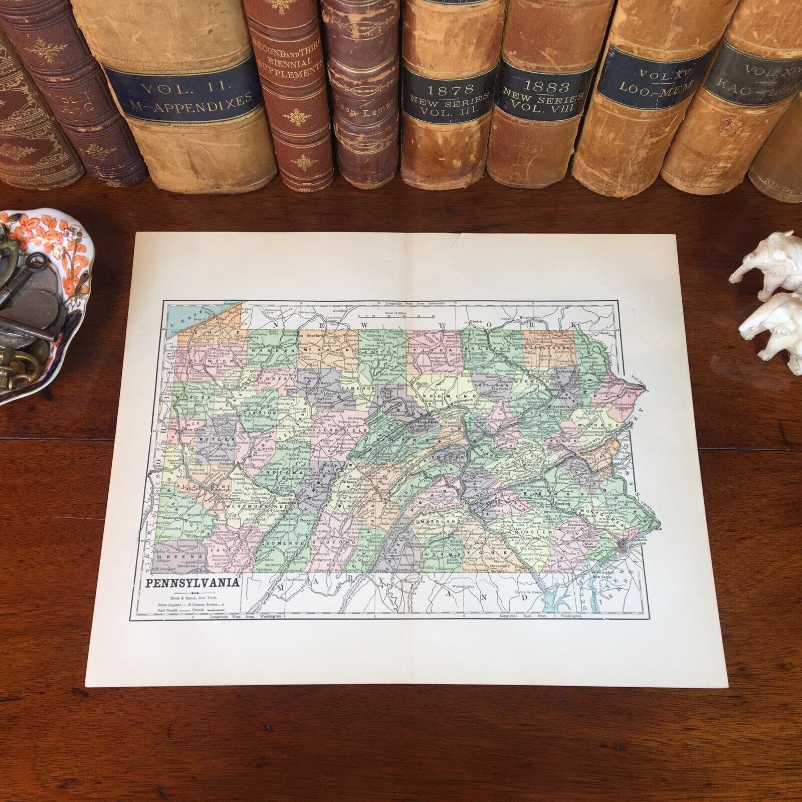 Original 1890 Antique Map PENNSYLVANIA Harrisburg Erie Altoona Chester Bethlehem