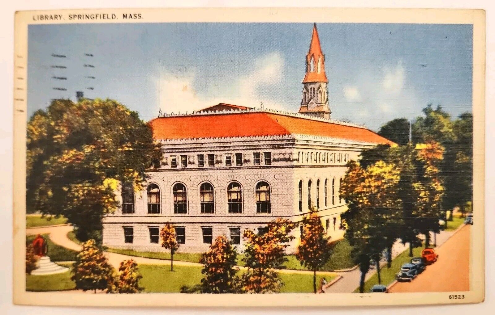 Springfield Massachusetts Library Building Streetview Linen PD DB Postcard