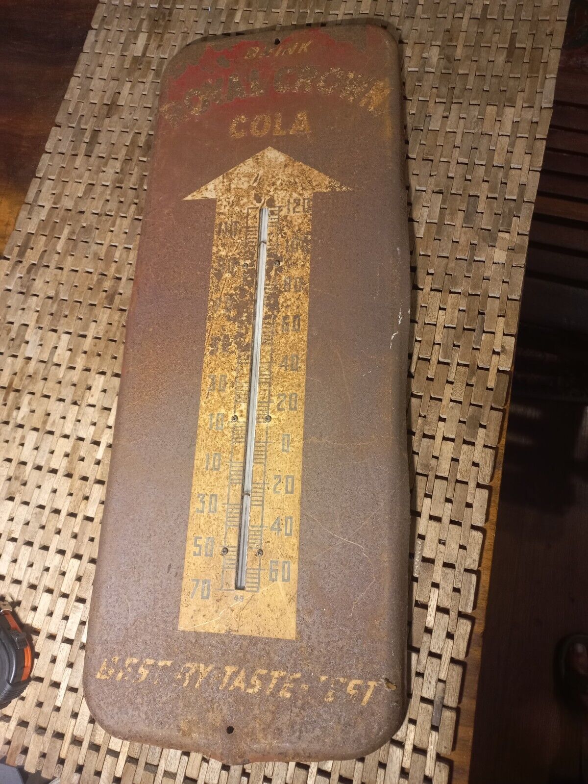 ROYAL CROWN COLA RUsTic 26 inch Antique TIN THERMOMETER SIGN