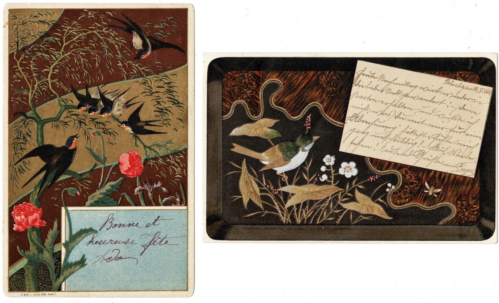 2 Scarce Art Nouveau Postcards Japanese Style 1901-07 Bird Motifs