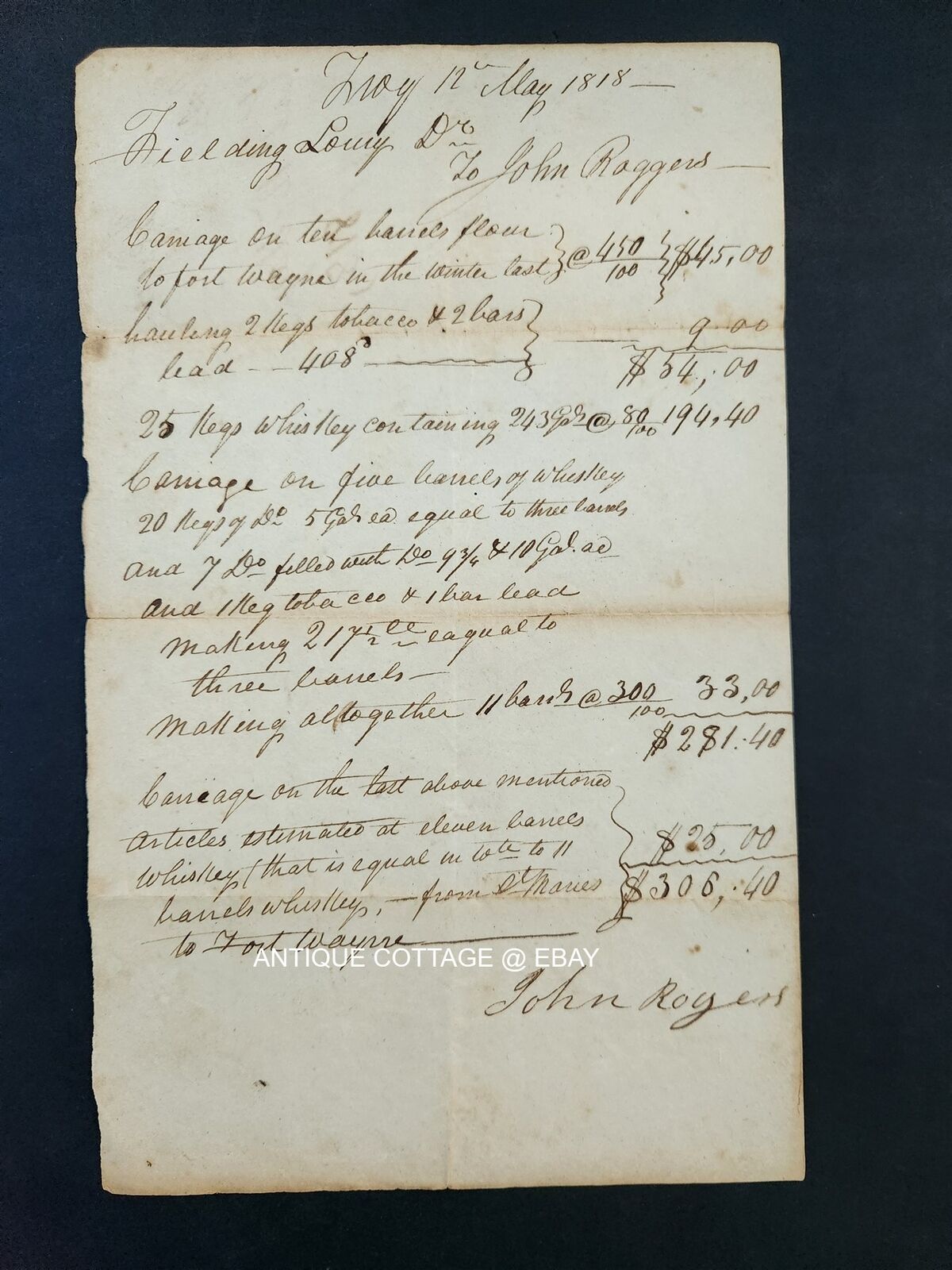 1818 antique RECEIPT handwritten Fielding LOWRY John ROGERS carriage transport