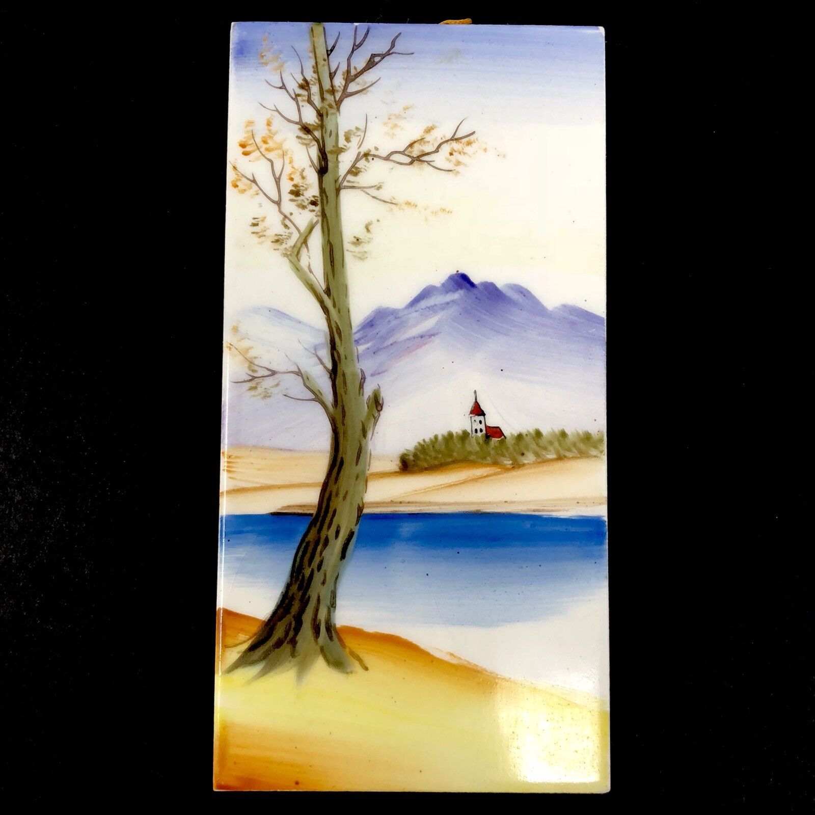 Vtg Art Tile Handpainted Landscape Tree River Steeple Mountains 3\