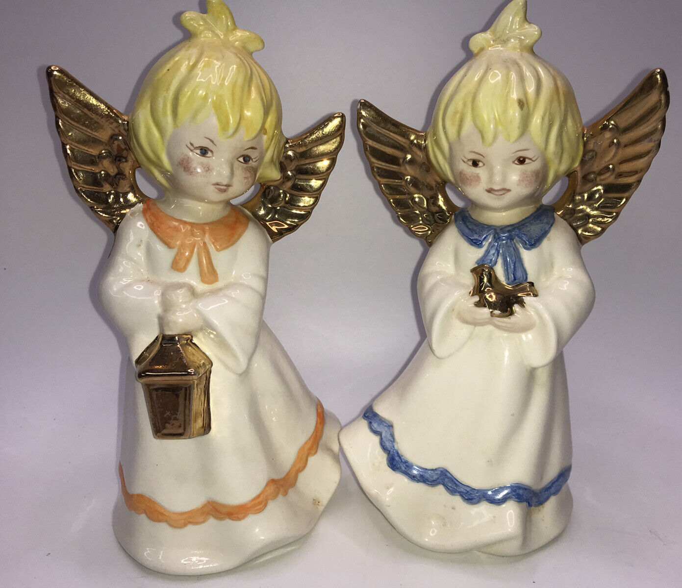 2 Vintage Glazed Ceramic Christmas ANGELS W/Gold Accents Holding Lantern &  Dove
